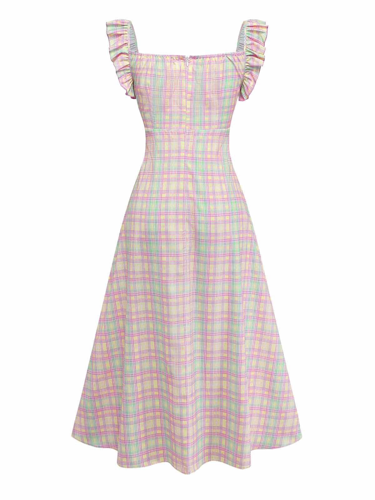 1950s Pastel Plaid Ruffled Bow Sweetheart Neck Swing Dress - Image 4