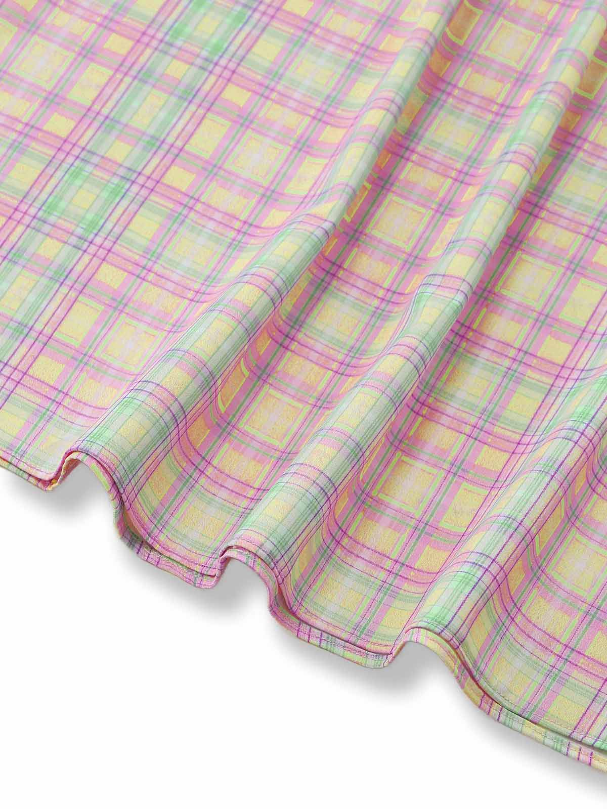 1950s Pastel Plaid Ruffled Bow Sweetheart Neck Swing Dress - Image 5