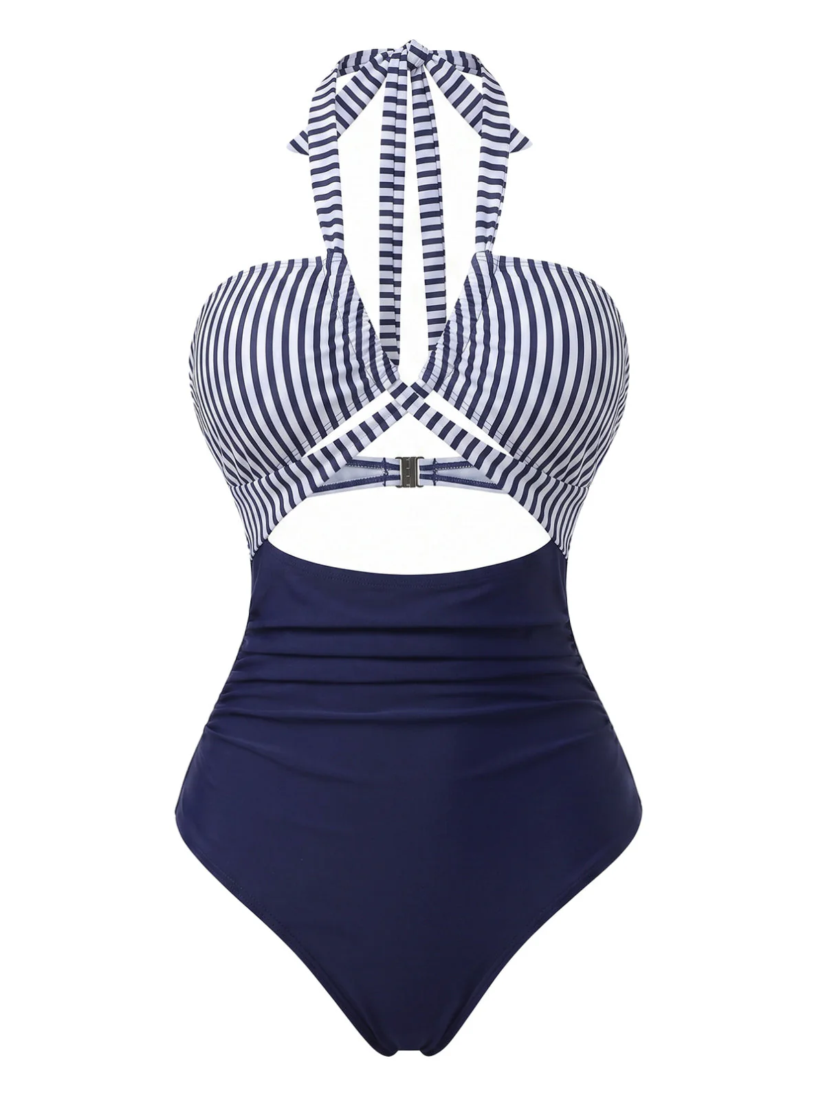 1950s Plunge V-Neck Halter Cutout One-Piece Swimsuit - Image 2