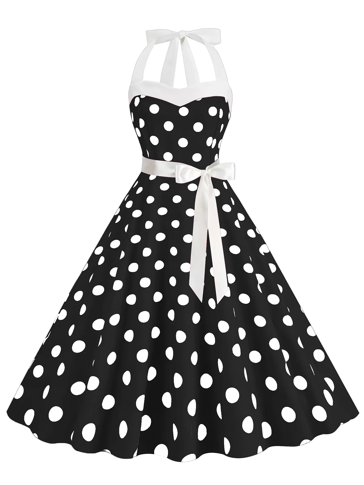 1950s Polka Dot Halter Belt Swing Dress - Image 8