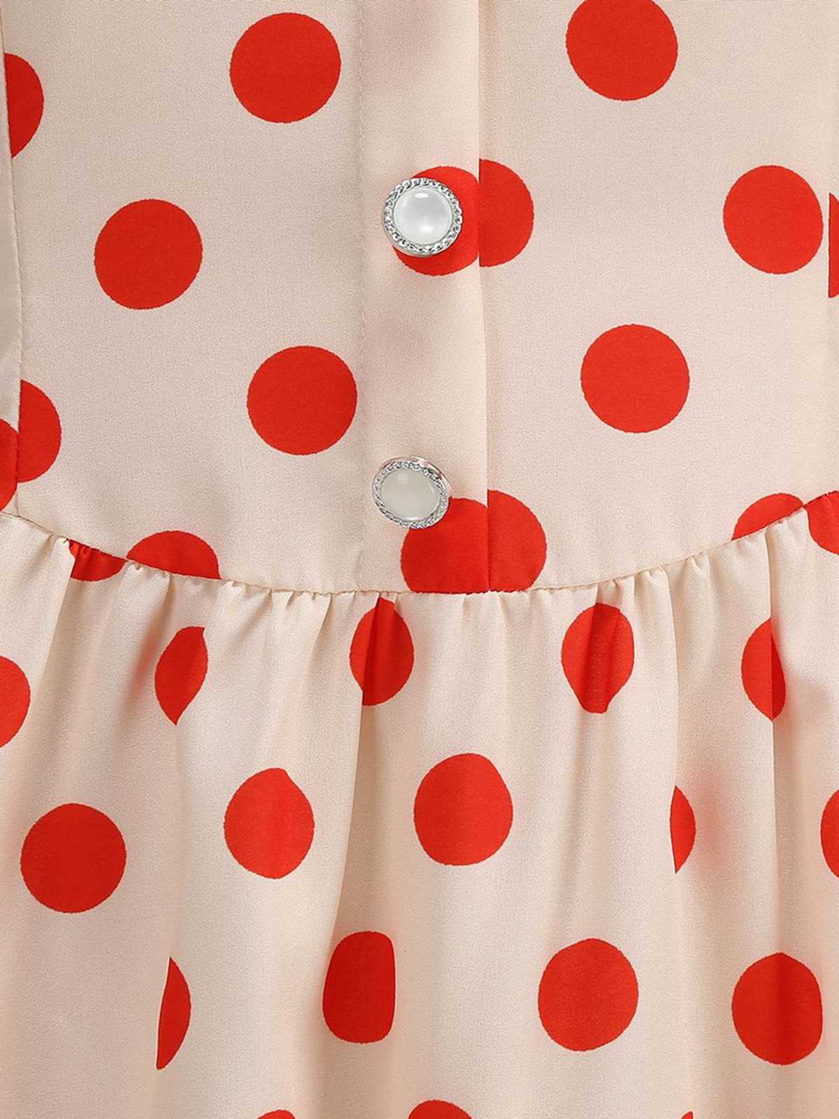 1950s Polka Dot Lapel Collar Cap Sleeve Swing Dress - Image 3