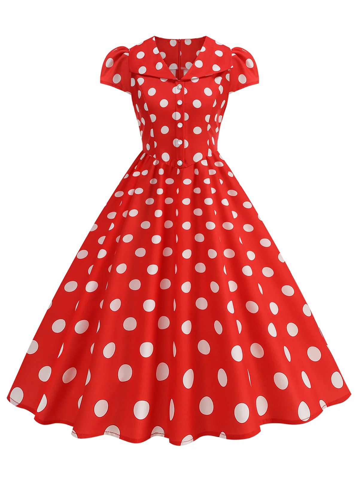 1950s Polka Dot Lapel Collar Cap Sleeve Swing Dress - Image 4