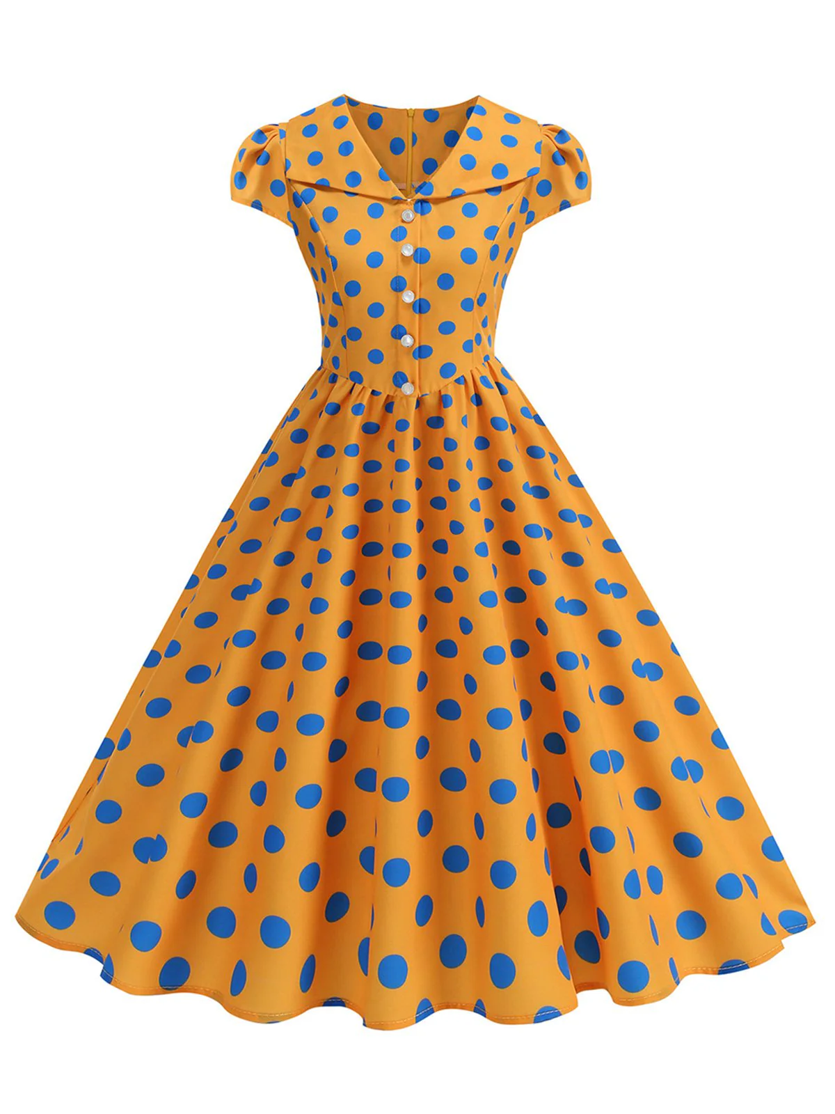 1950s Polka Dot Lapel Collar Cap Sleeve Swing Dress - Image 9