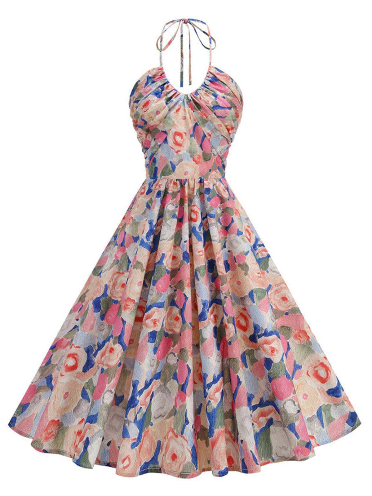 1950s Pure Cotton Floral Halter Ruched Swing Dress