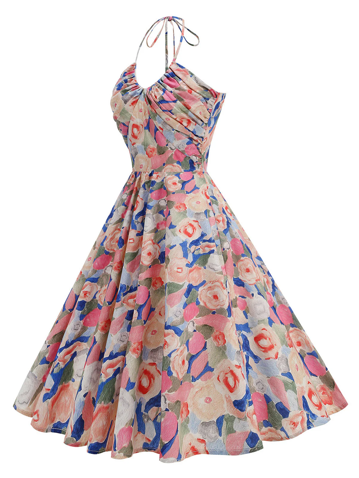 1950s Pure Cotton Floral Halter Ruched Swing Dress - Image 2