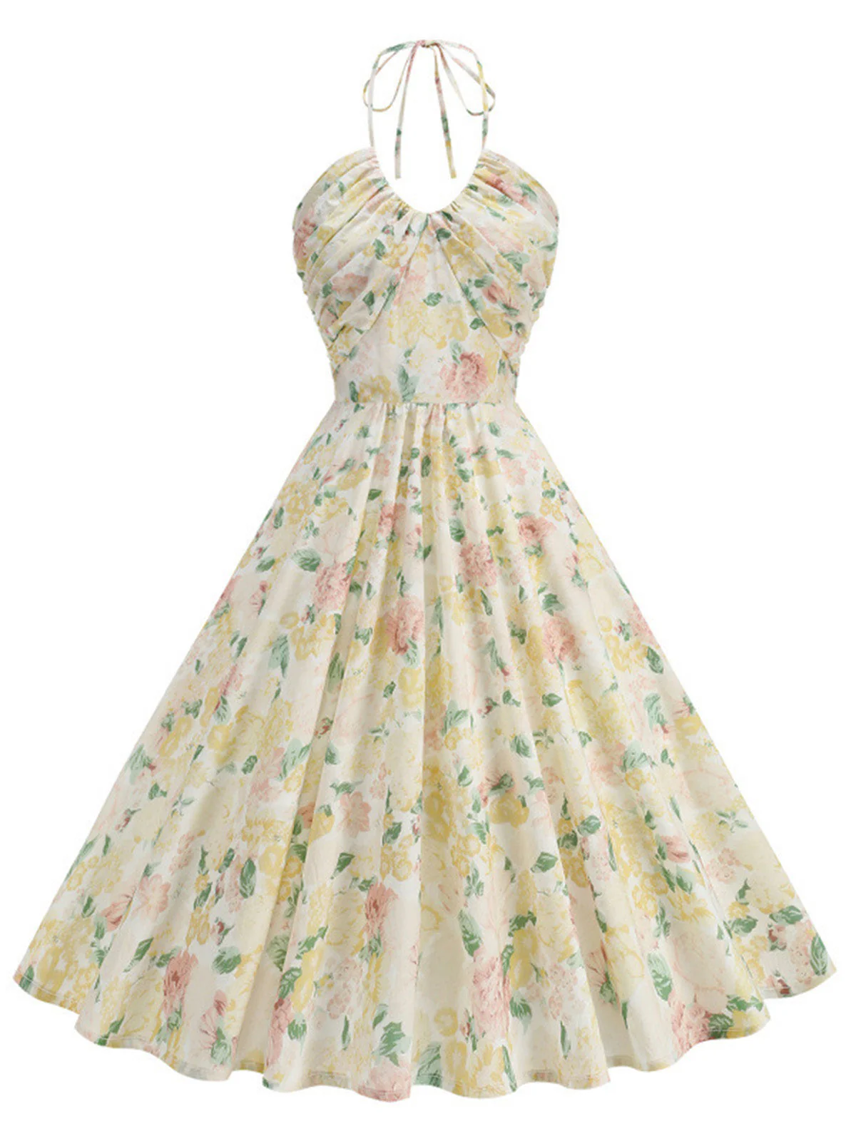 1950s Pure Cotton Floral Halter Ruched Swing Dress - Image 5