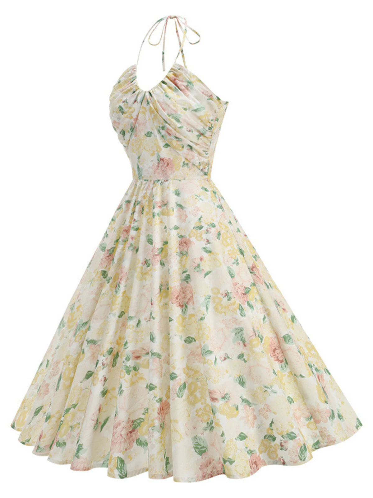 1950s Pure Cotton Floral Halter Ruched Swing Dress - Image 7