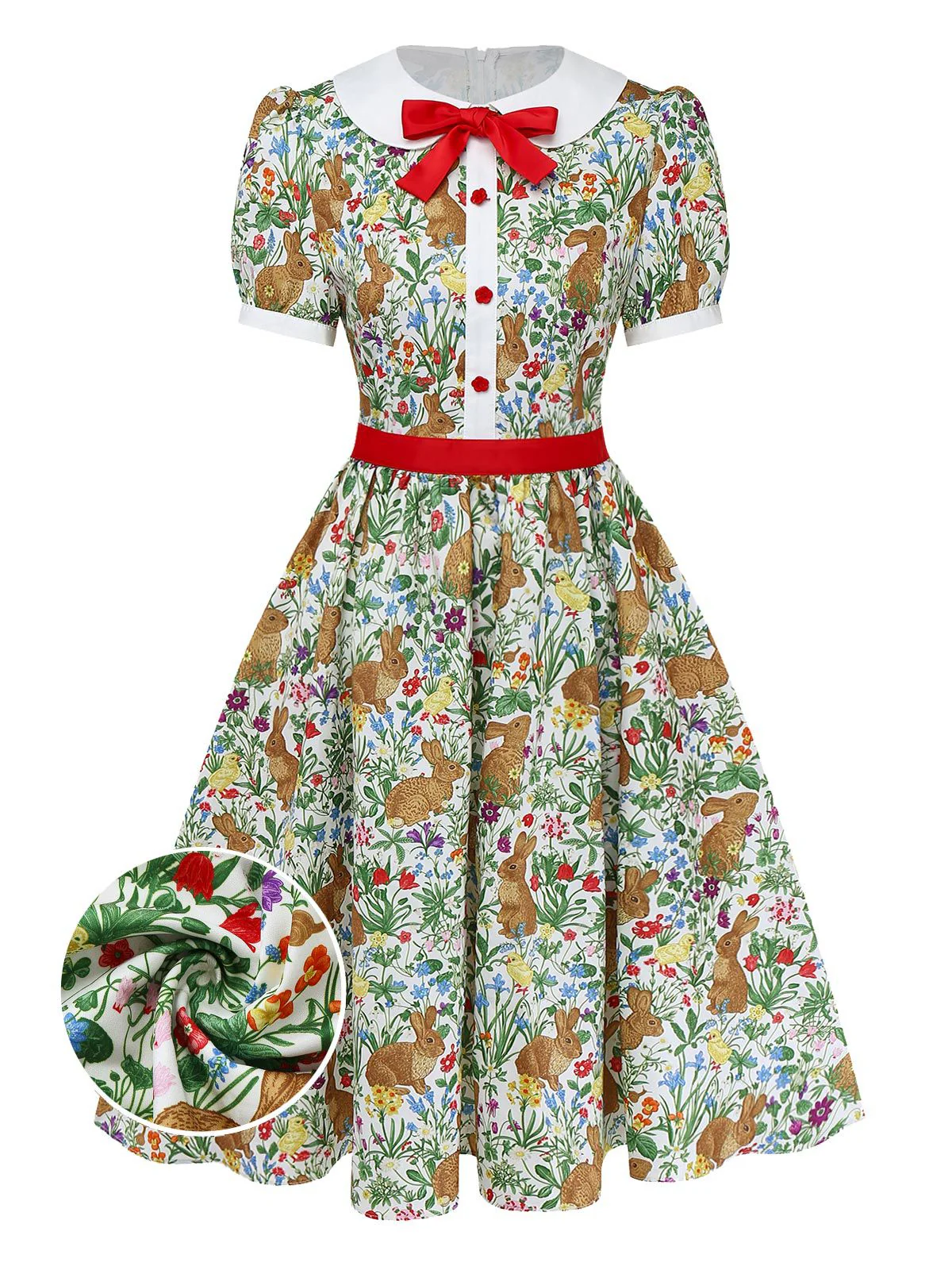 1950s Rabbit Floral Button Bow Peter Pan Collar Dress