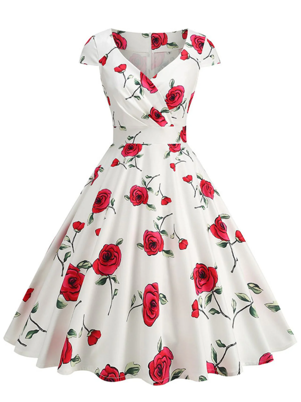 1950s Rose V-Neck Cap Sleeve Dress