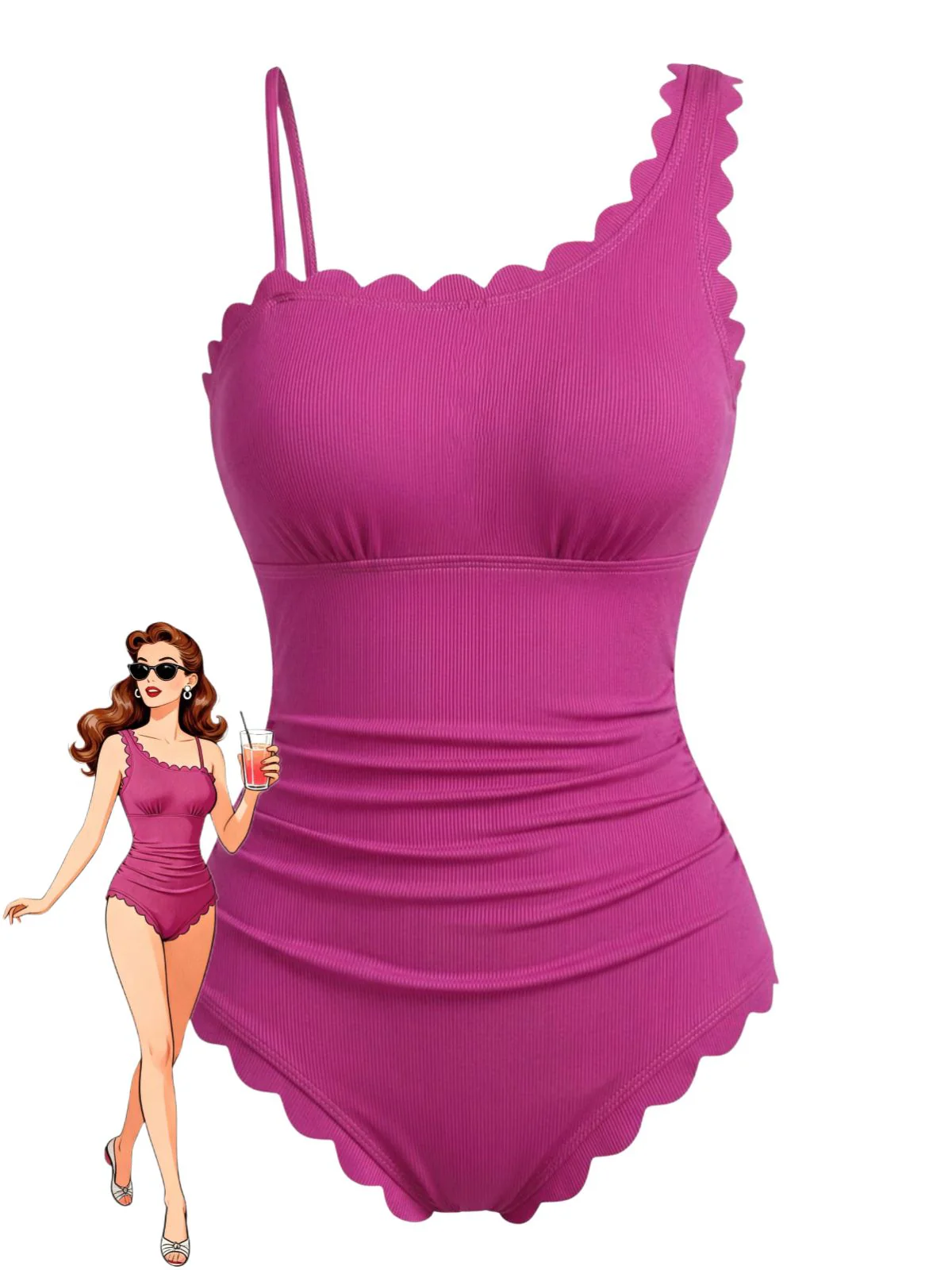 1950s Ruffle Solid Cut-Out Slim Swimsuit