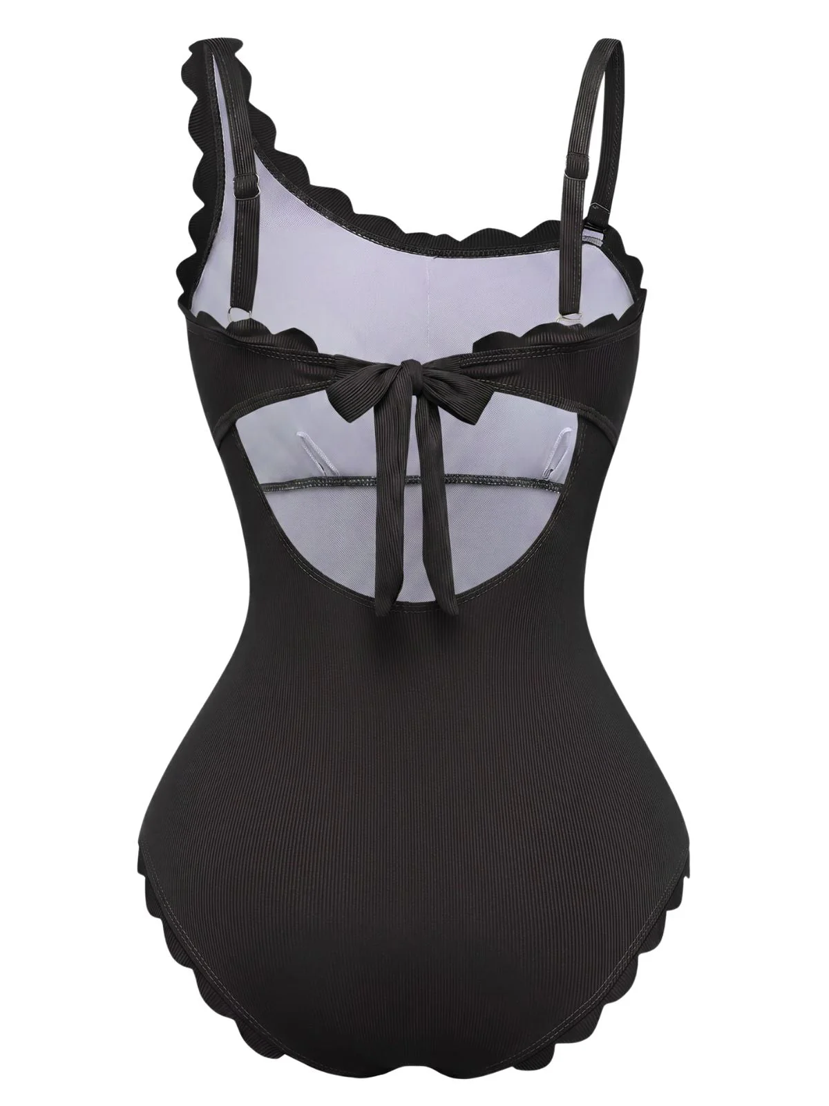 1950s Ruffle Solid Cut-Out Slim Swimsuit - Image 9
