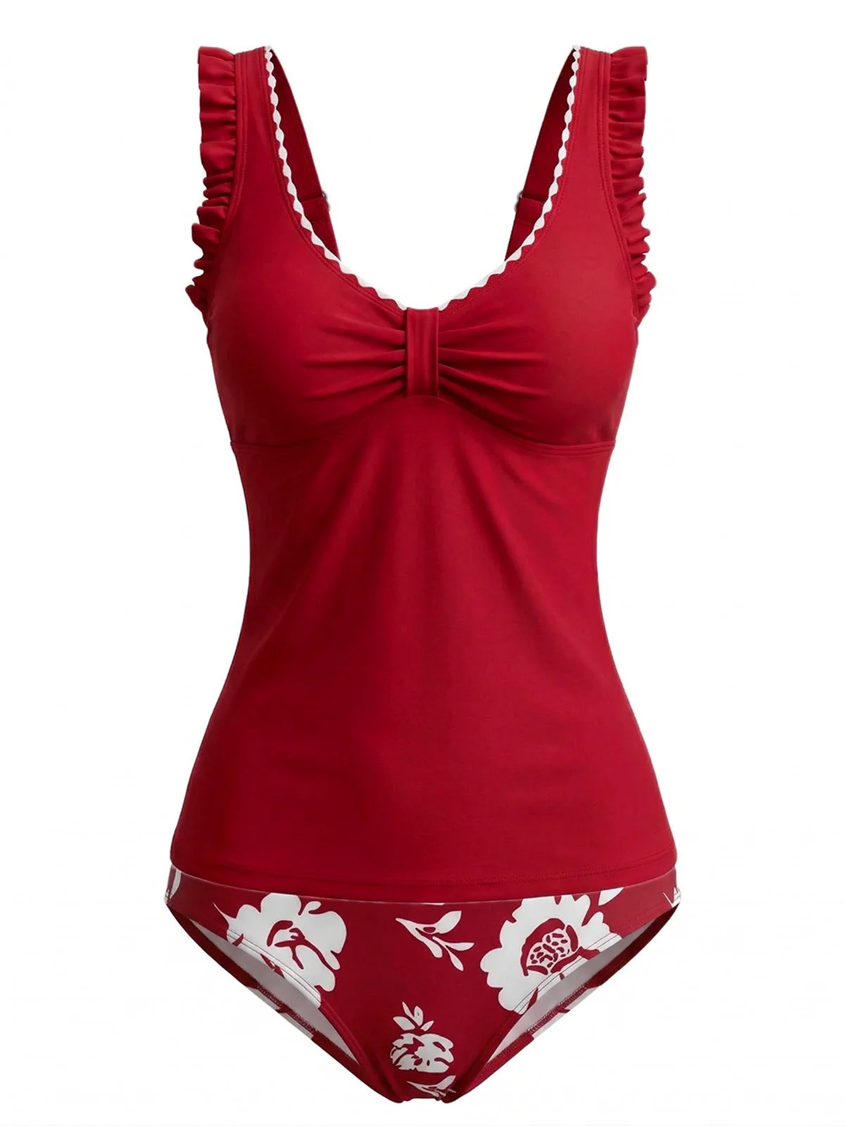 1950s Ruffle Strap Floral Ruched Tankini Set