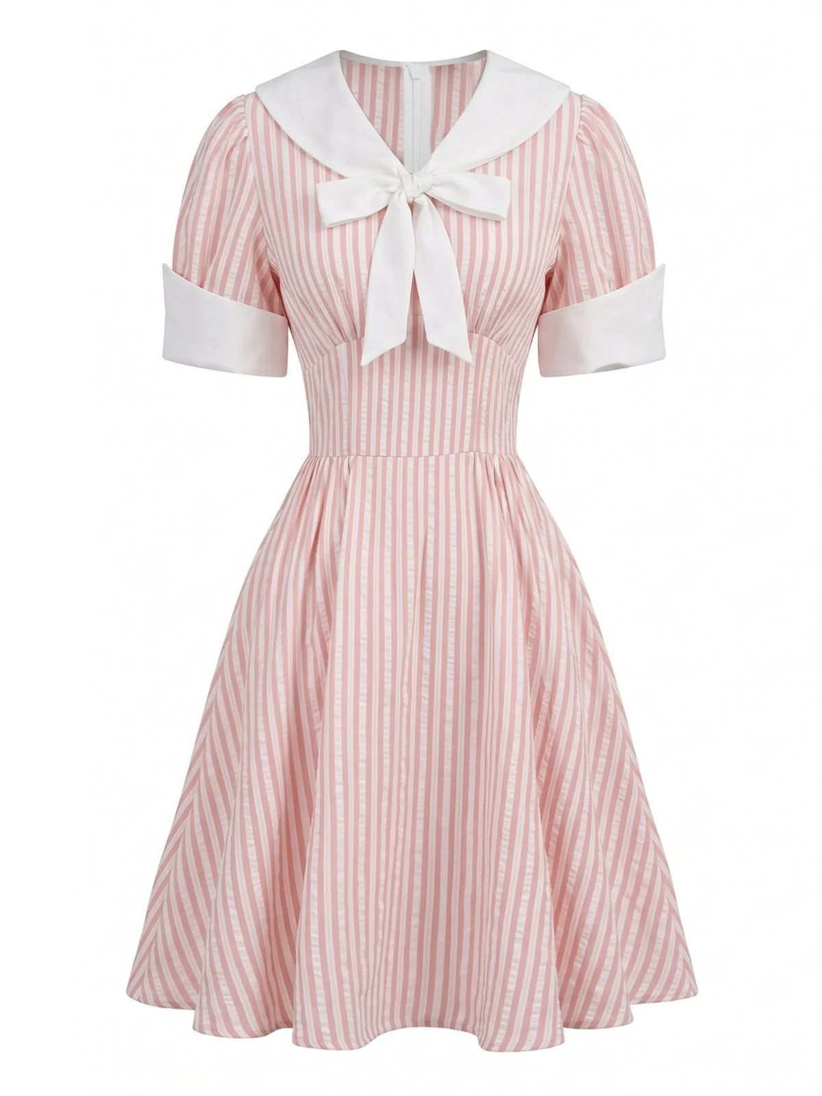 1950s Sailor Collar Striped Tie-Neck Puff Sleeve Dress