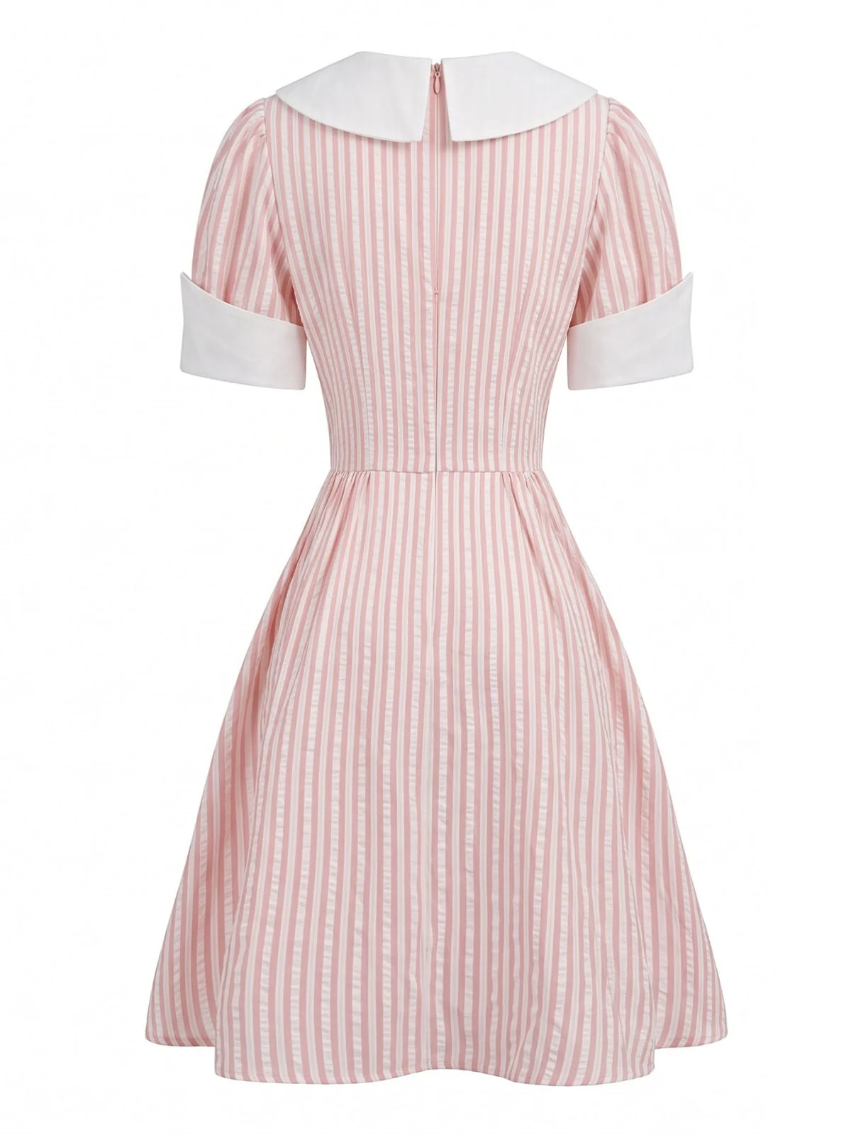 1950s Sailor Collar Striped Tie-Neck Puff Sleeve Dress - Image 2