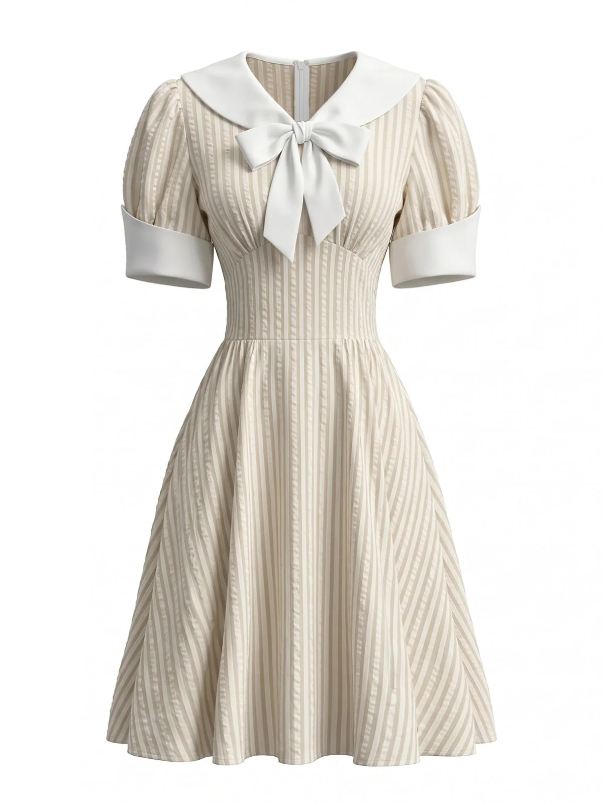 1950s Sailor Collar Striped Tie-Neck Puff Sleeve Dress - Image 5