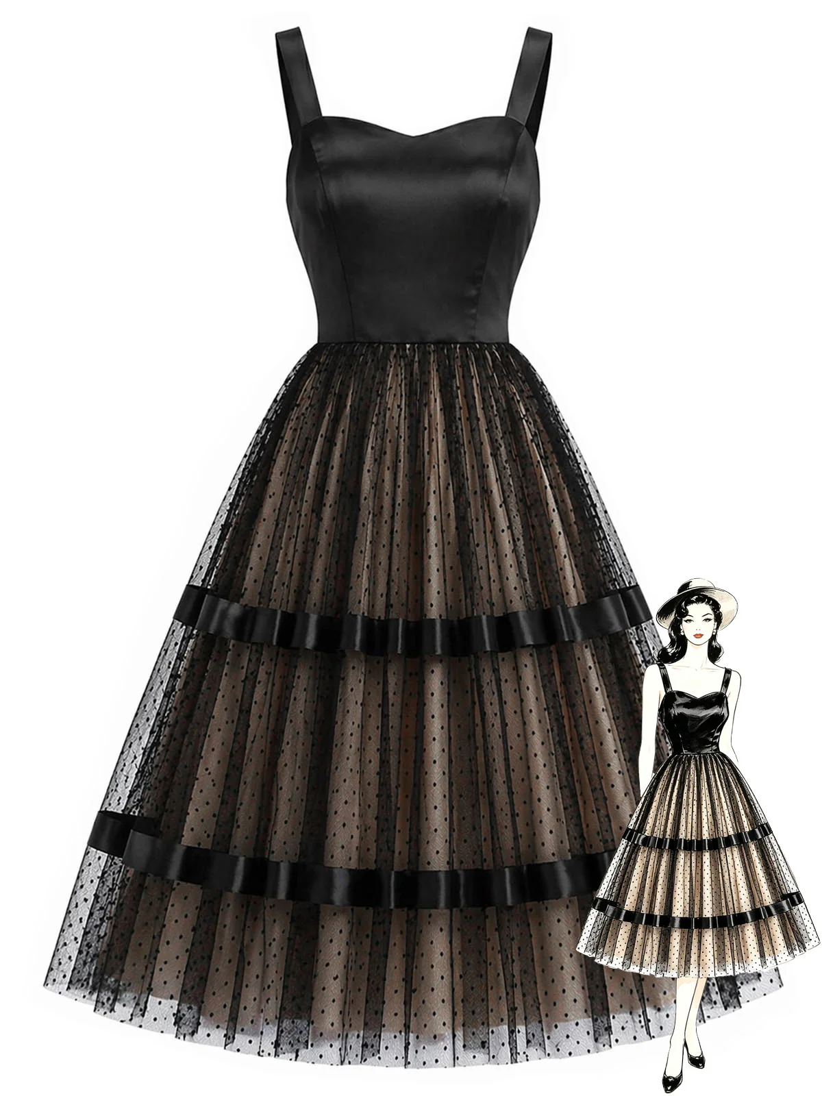 [Pre-Sale] 1950s Satin Patchwork Tulle Polka Dot Dress
