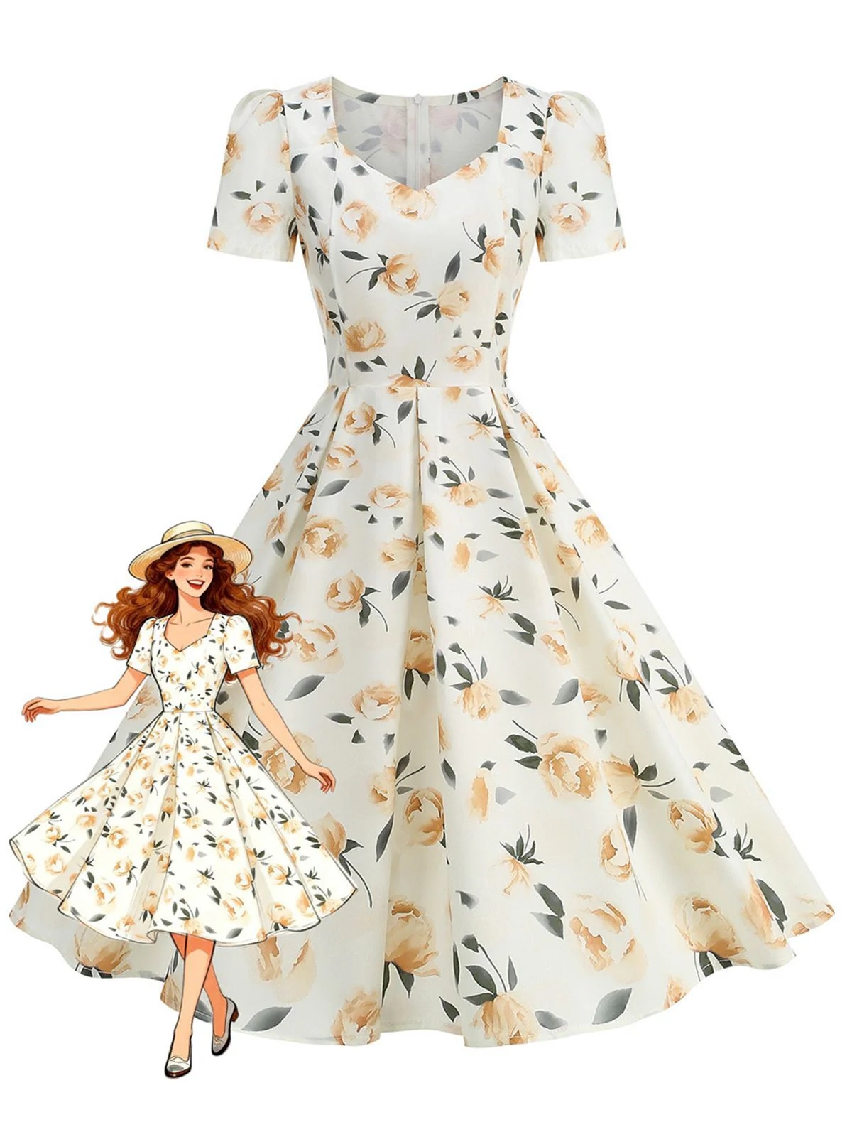 1950s Short Sleeve Sweetheart Neck Rose Swing Dress