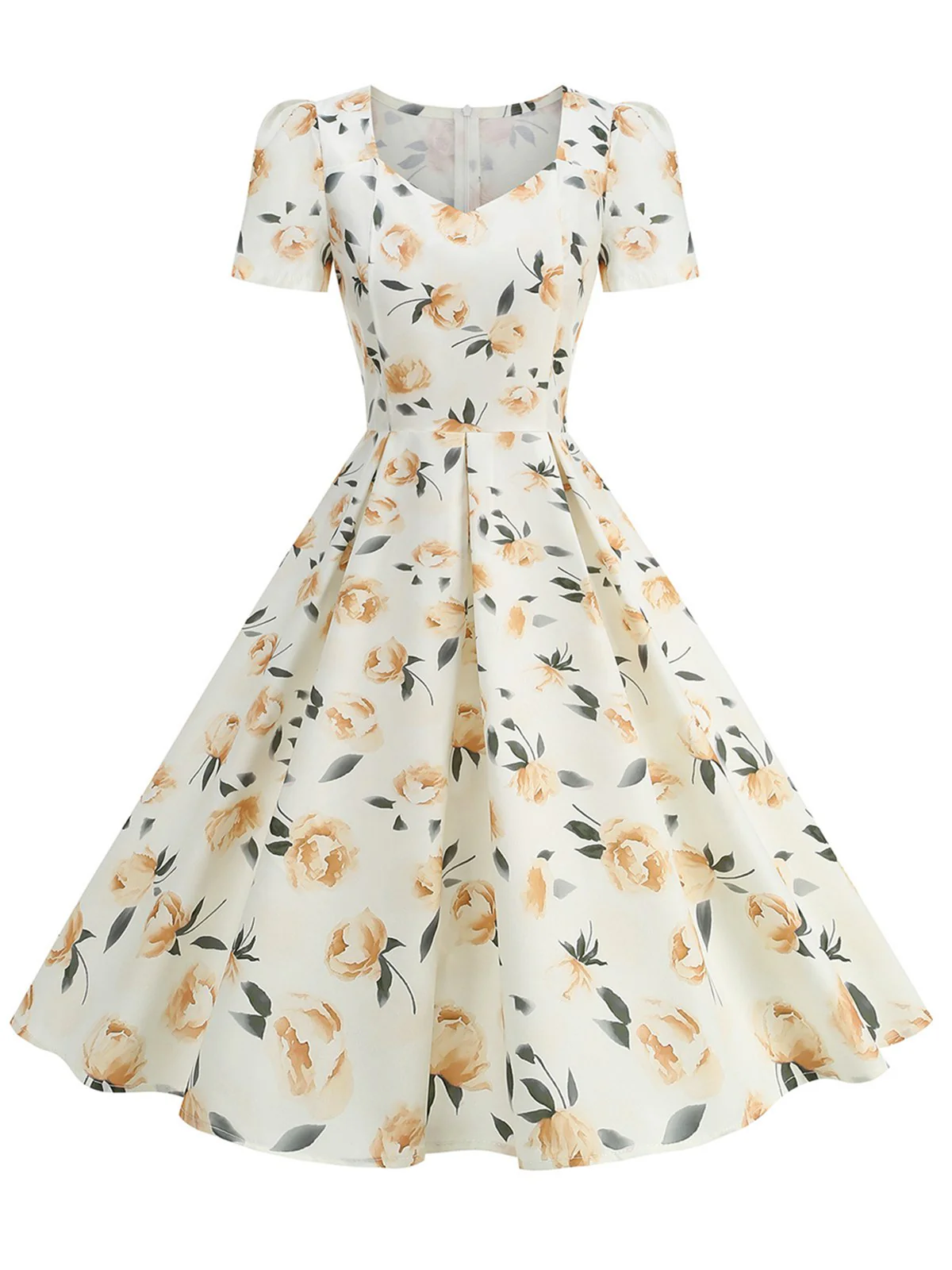 1950s Short Sleeve Sweetheart Neck Rose Swing Dress - Image 2