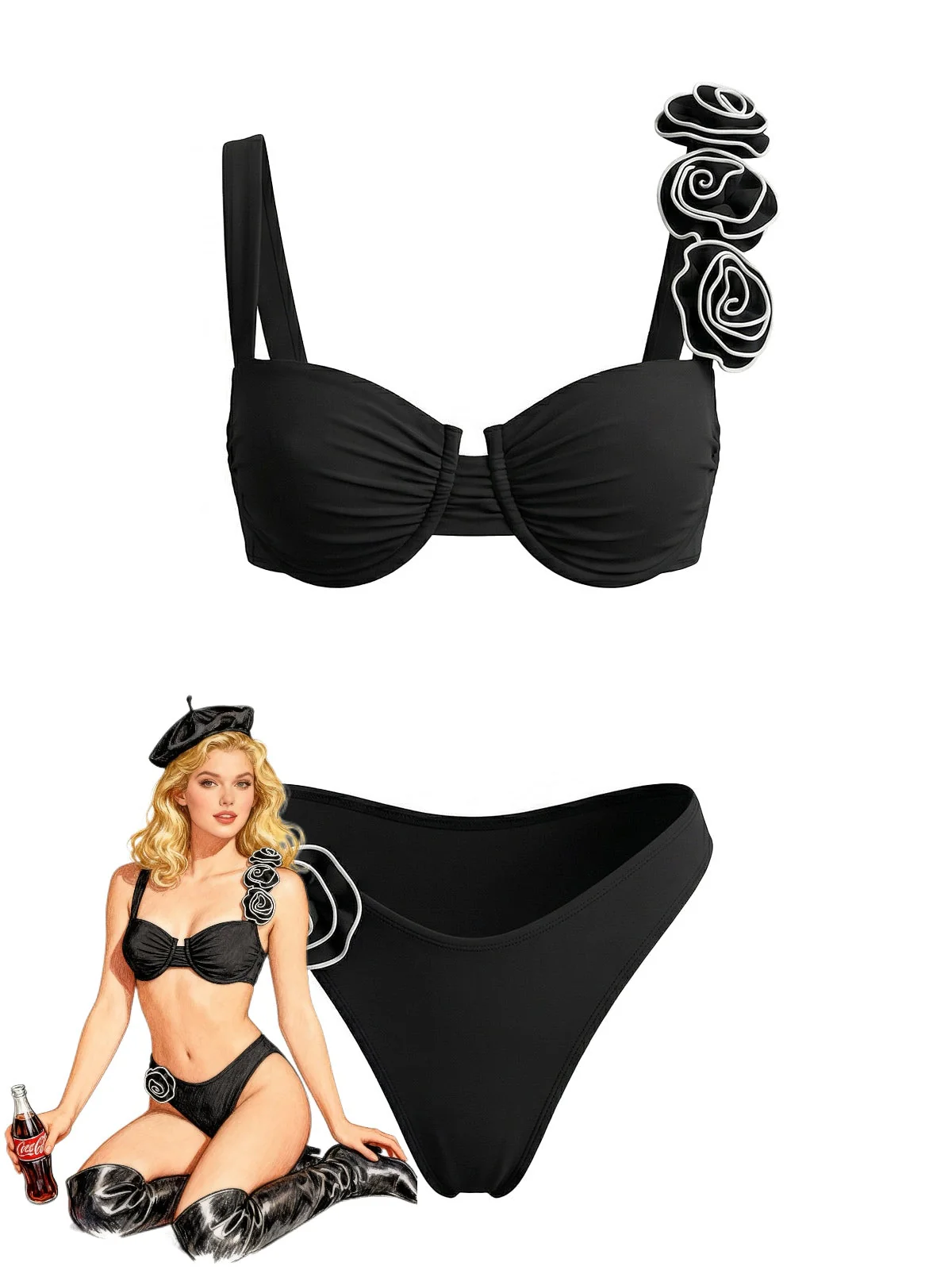 1950s Solid 3D Rose Bikini Set