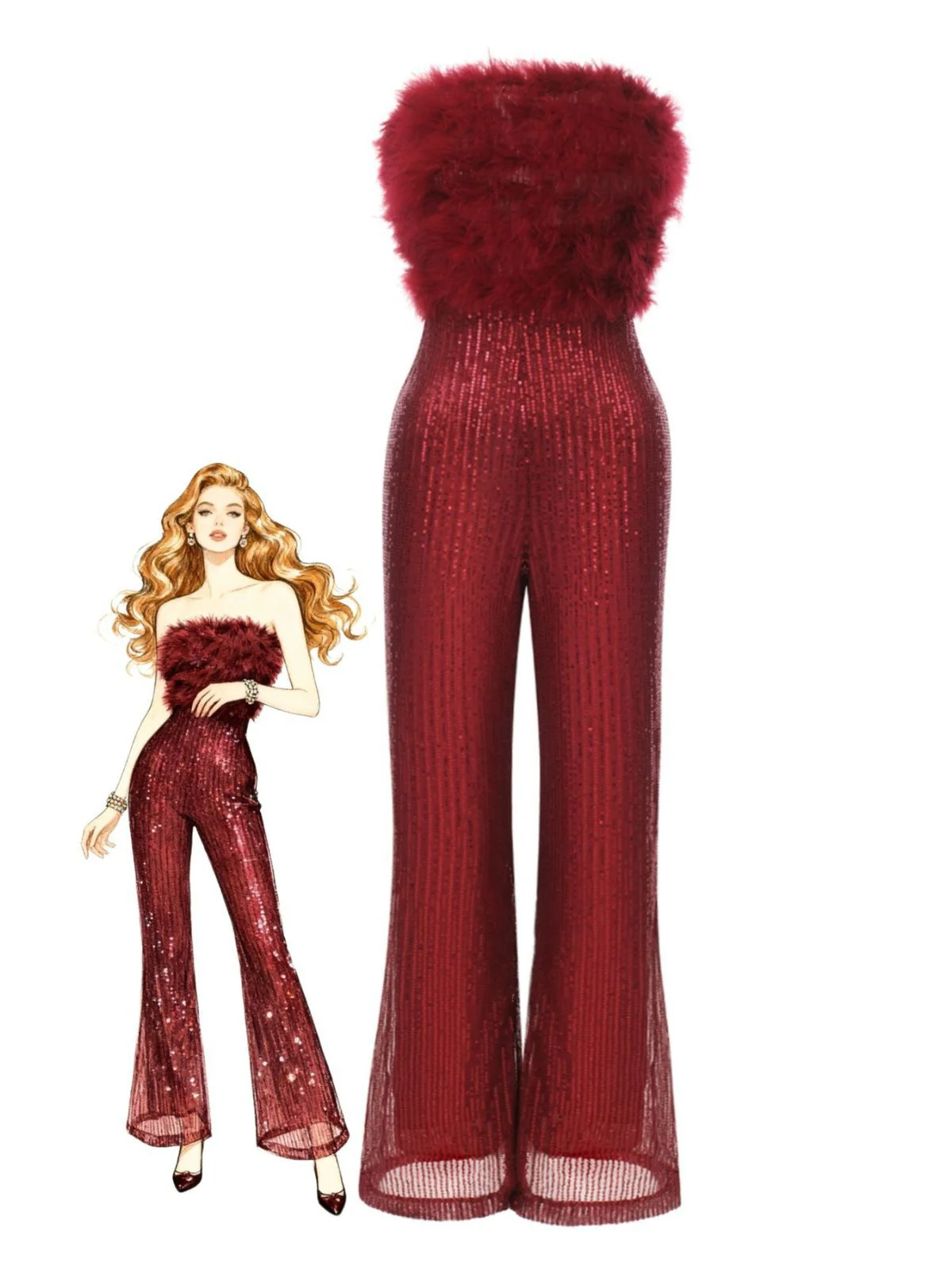 1950s Solid Feather Sequin Patchwork Strapless Jumpsuit
