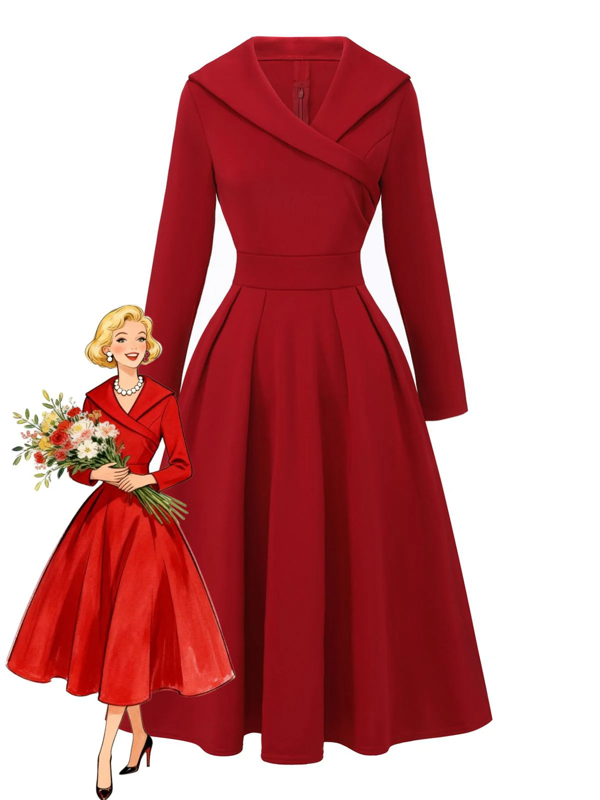 1950s Solid Lapel High Waist Swing Dress