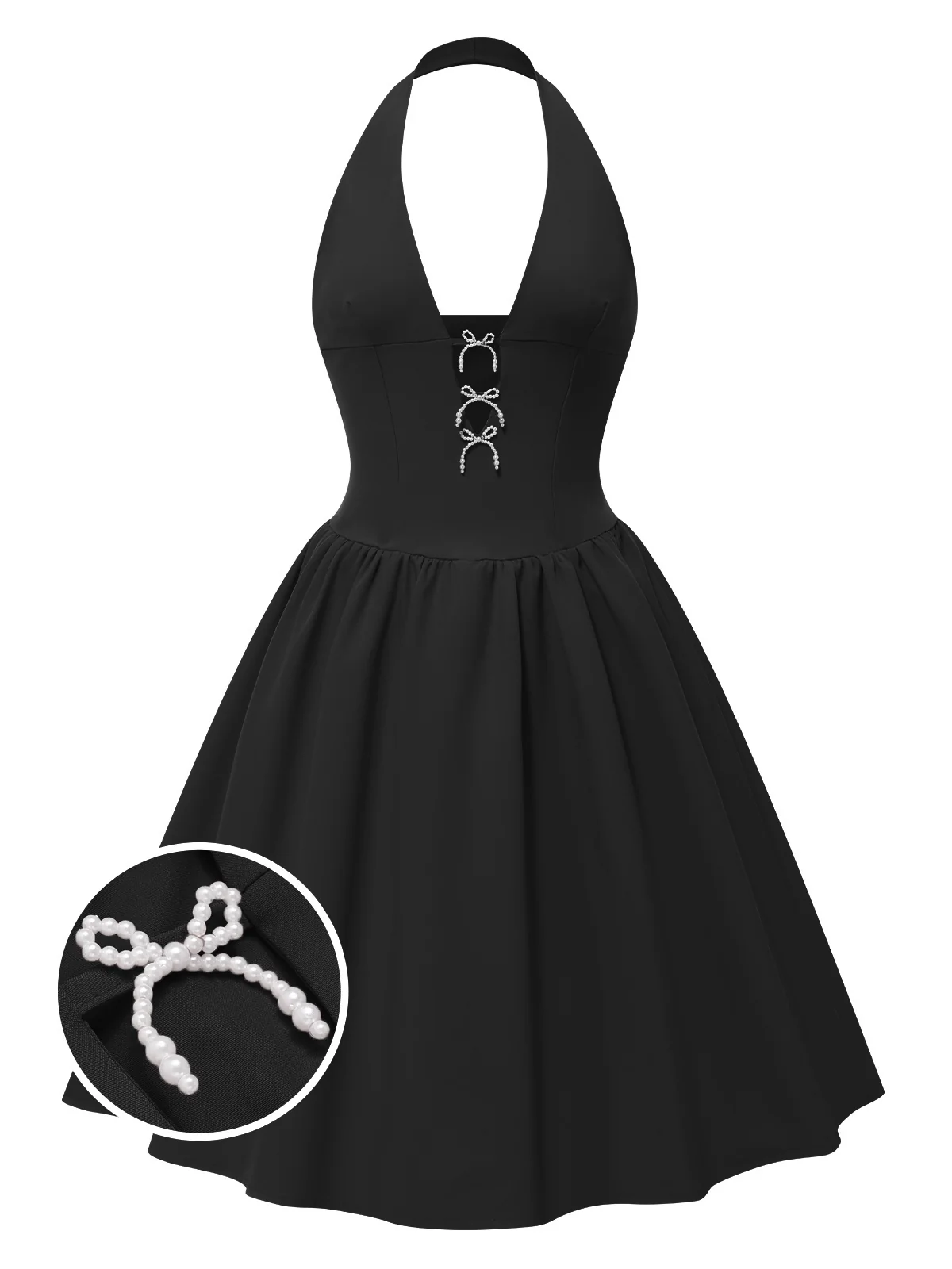 1950s Solid Pearl Bow Halter Dress