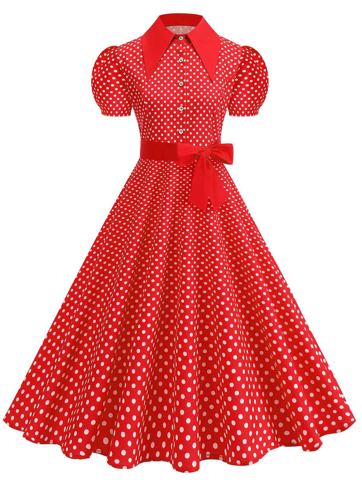 1950s Solid Polka Dot Shirt Collar Belted Swing Dress