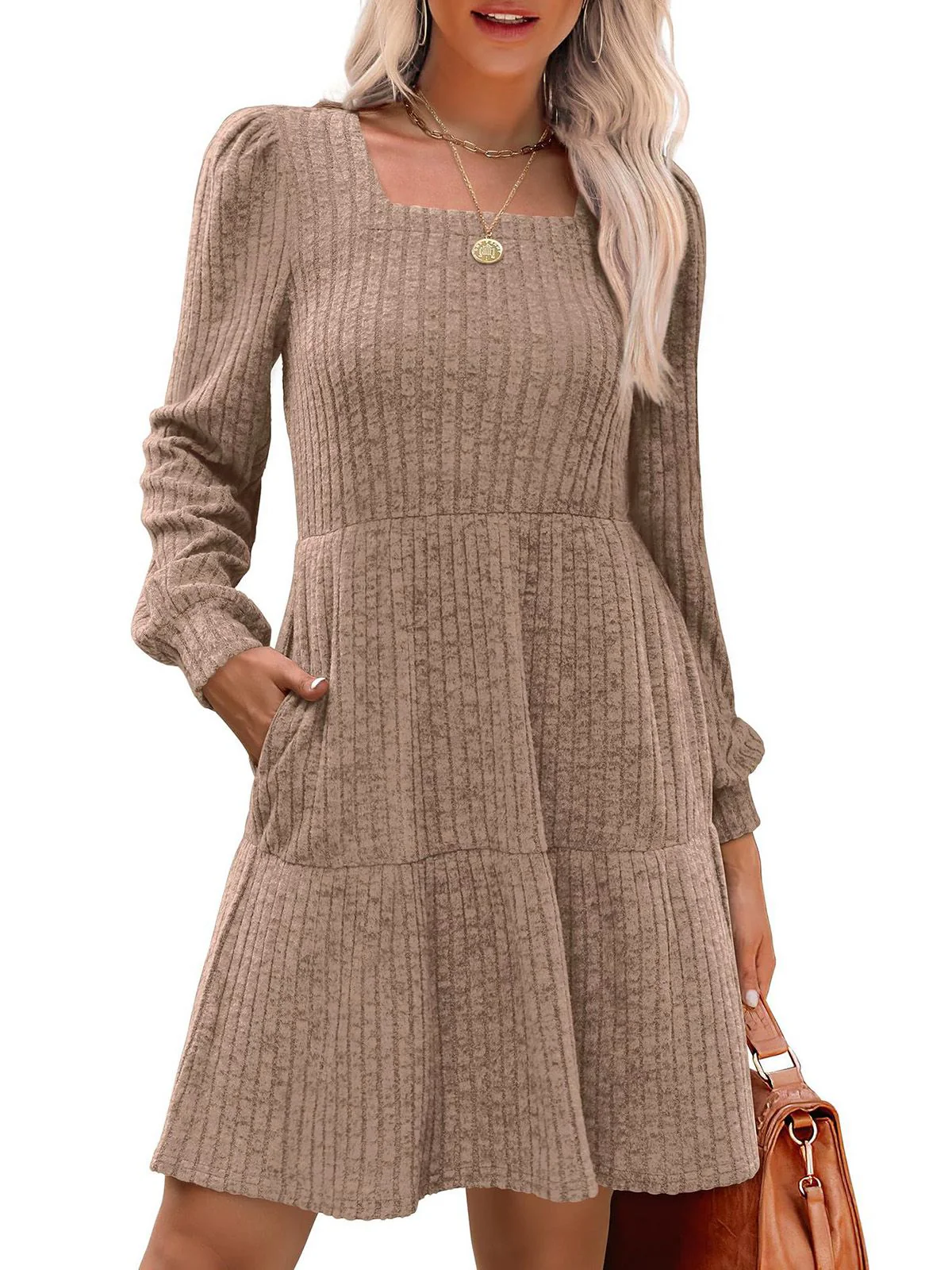 1950s Solid Ribbed Square Neck Long-Sleeve Dress