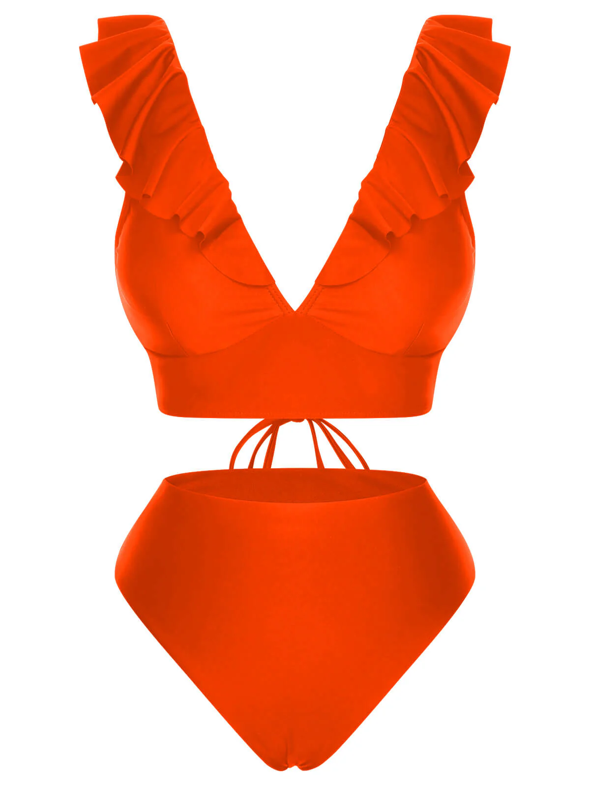 1950s Solid Ruffle Lace-Up V-Neck Swimsuit - Image 23