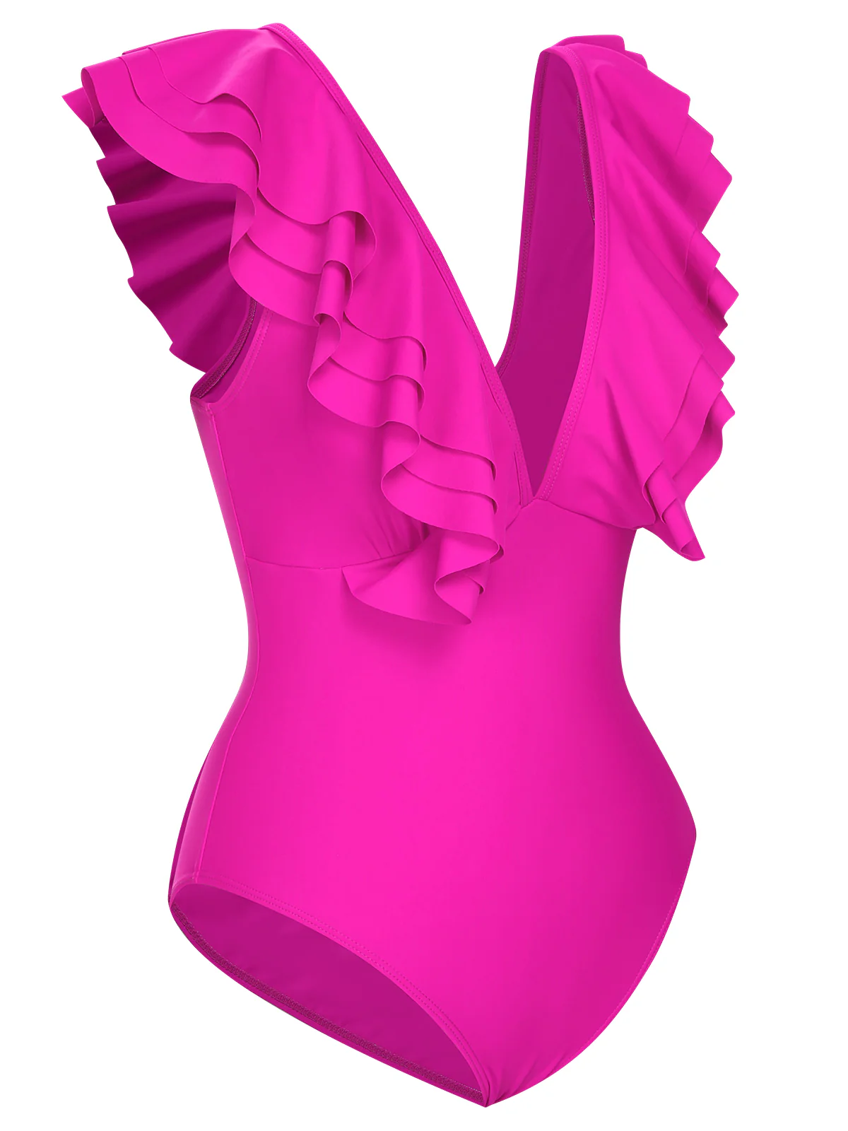 1950s Solid Ruffle V-Neck One-Piece Swimsuit - Image 3