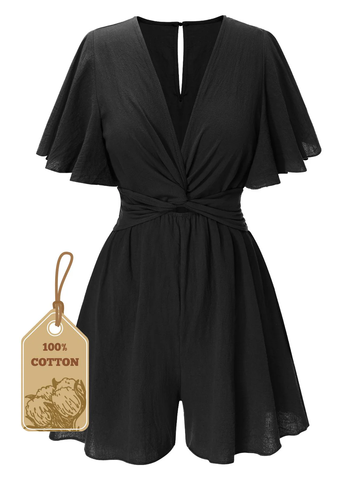 1950s Solid V-Neck Cotton Flounce Sleeve Romper - Image 13