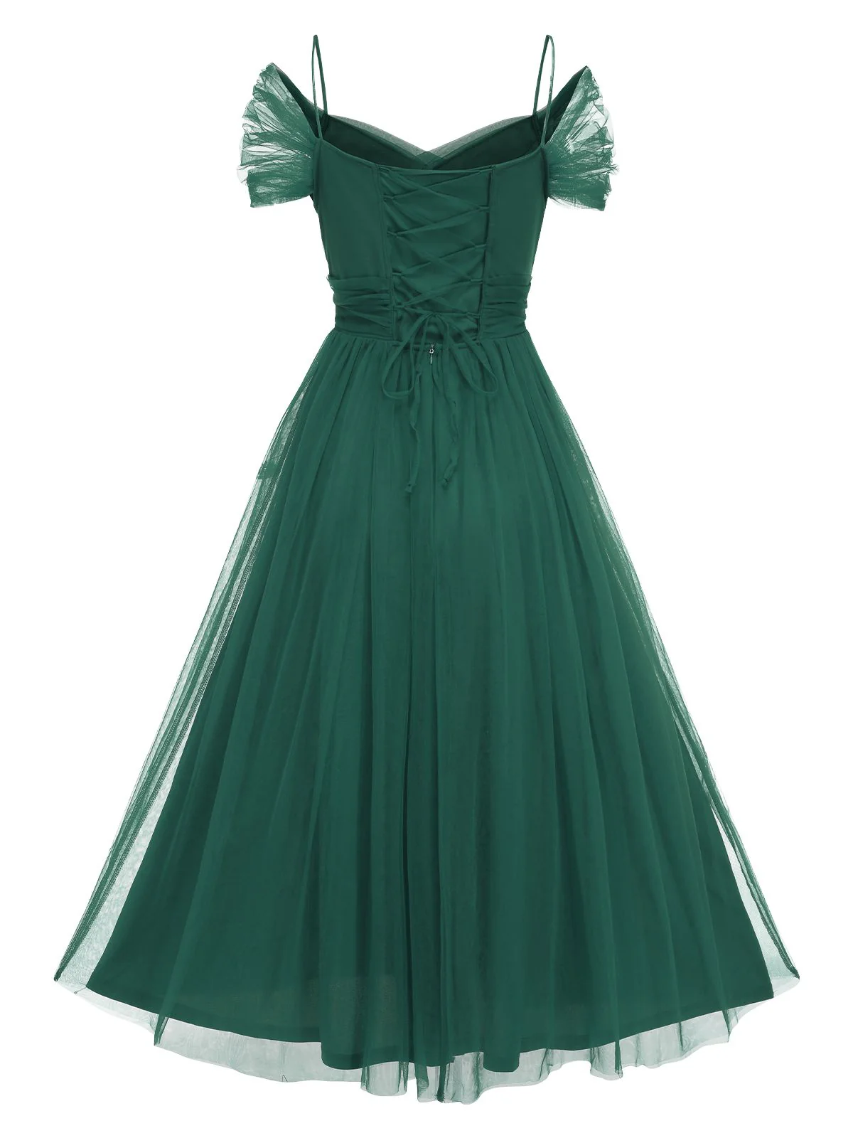 1950s Spaghetti Strap Off-Shoulder Mesh Dress - Image 7