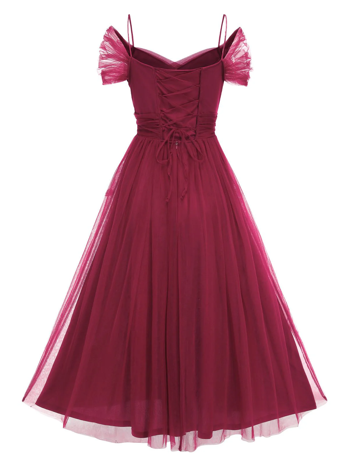 1950s Spaghetti Strap Off-Shoulder Mesh Dress - Image 3
