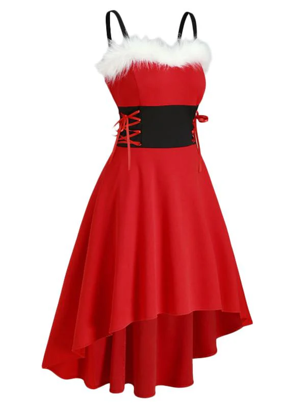 1950s Strap Furry Lace Up Dress - Image 3