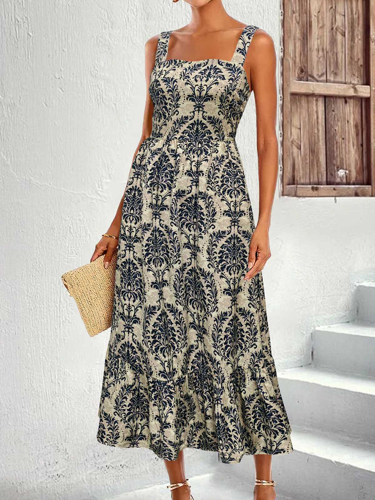 1950s Strap Square-Neck Tie-Back Floral Dress