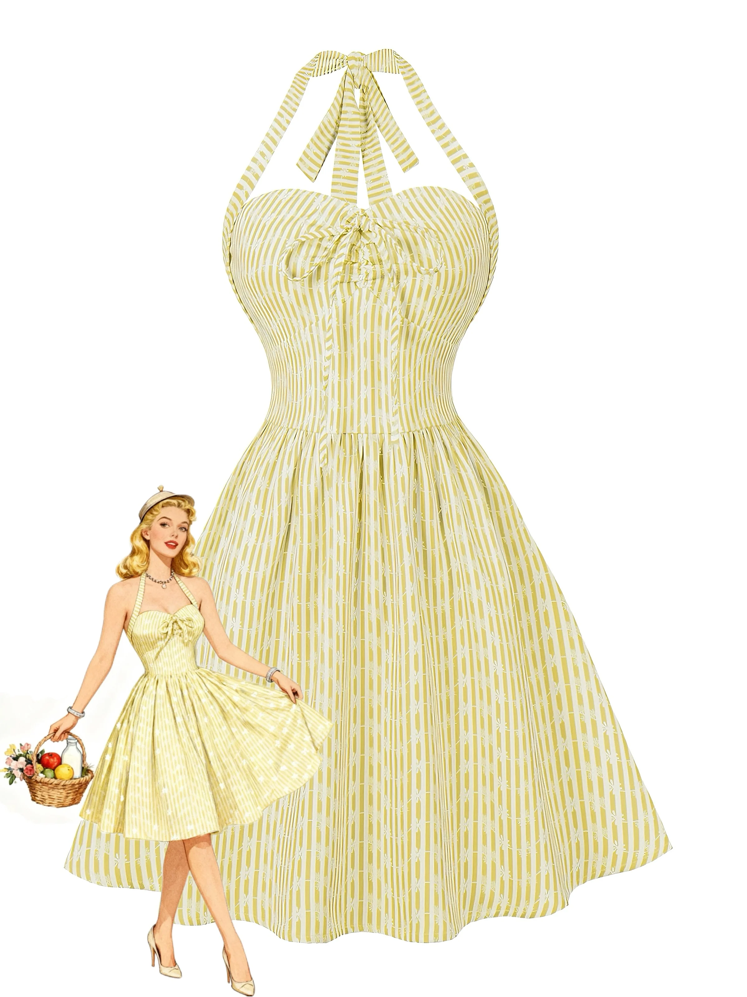 1950s Striped Halter Tie Neck Swing Mini Dress