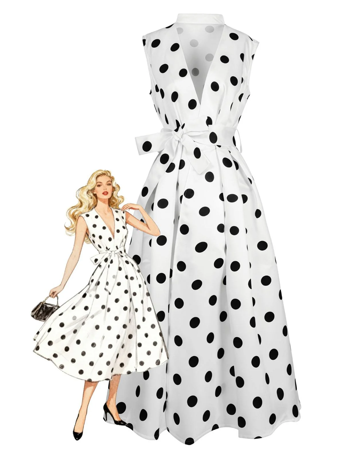 1950s Surplice V-Neck Polka Dot Belted Dress