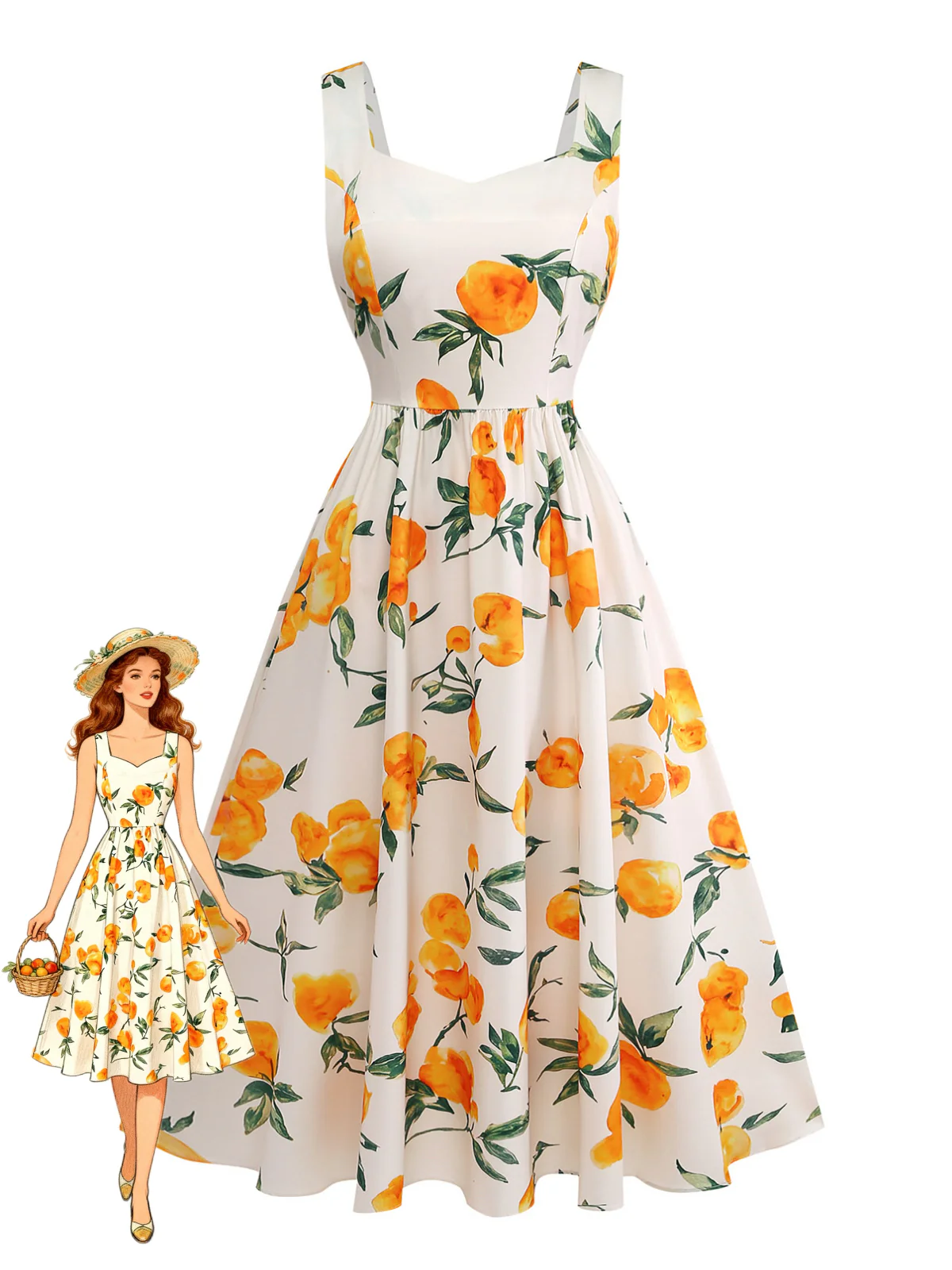 1950s Suspender Orange Citrus A-line Dress