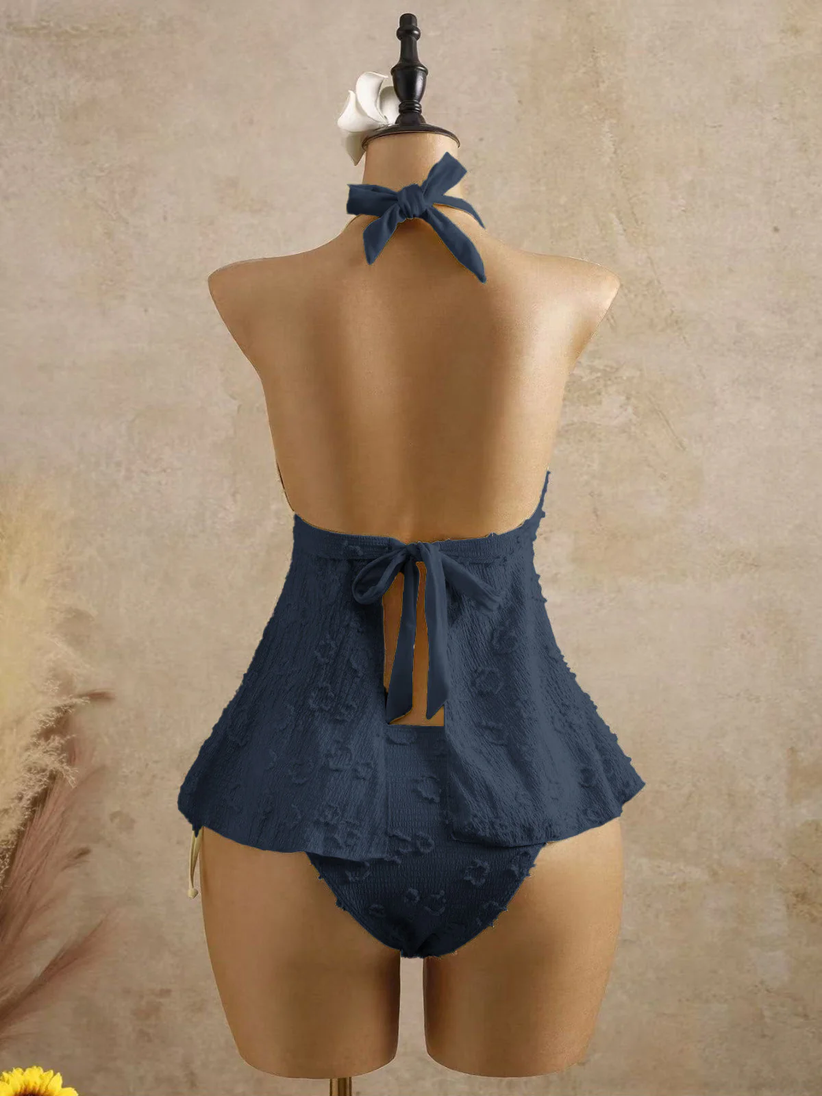 1950s Halter Textured Floral Deep V Tankini Set - Image 2