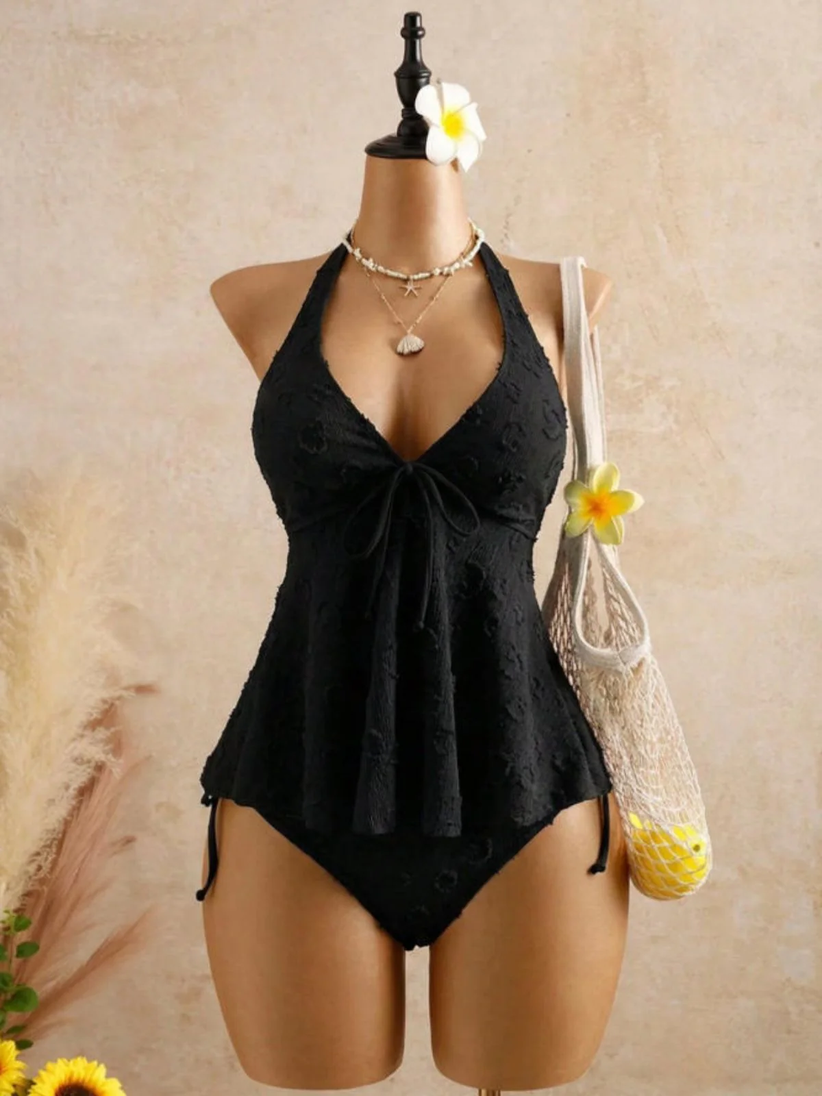 1950s Halter Textured Floral Deep V Tankini Set - Image 4