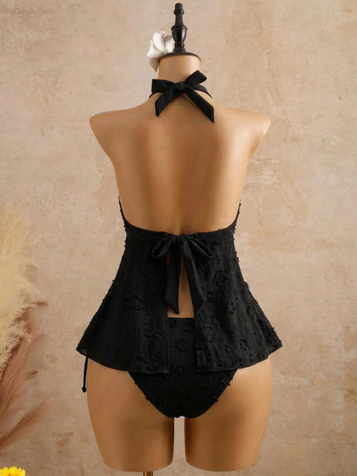 1950s Halter Textured Floral Deep V Tankini Set - Image 5
