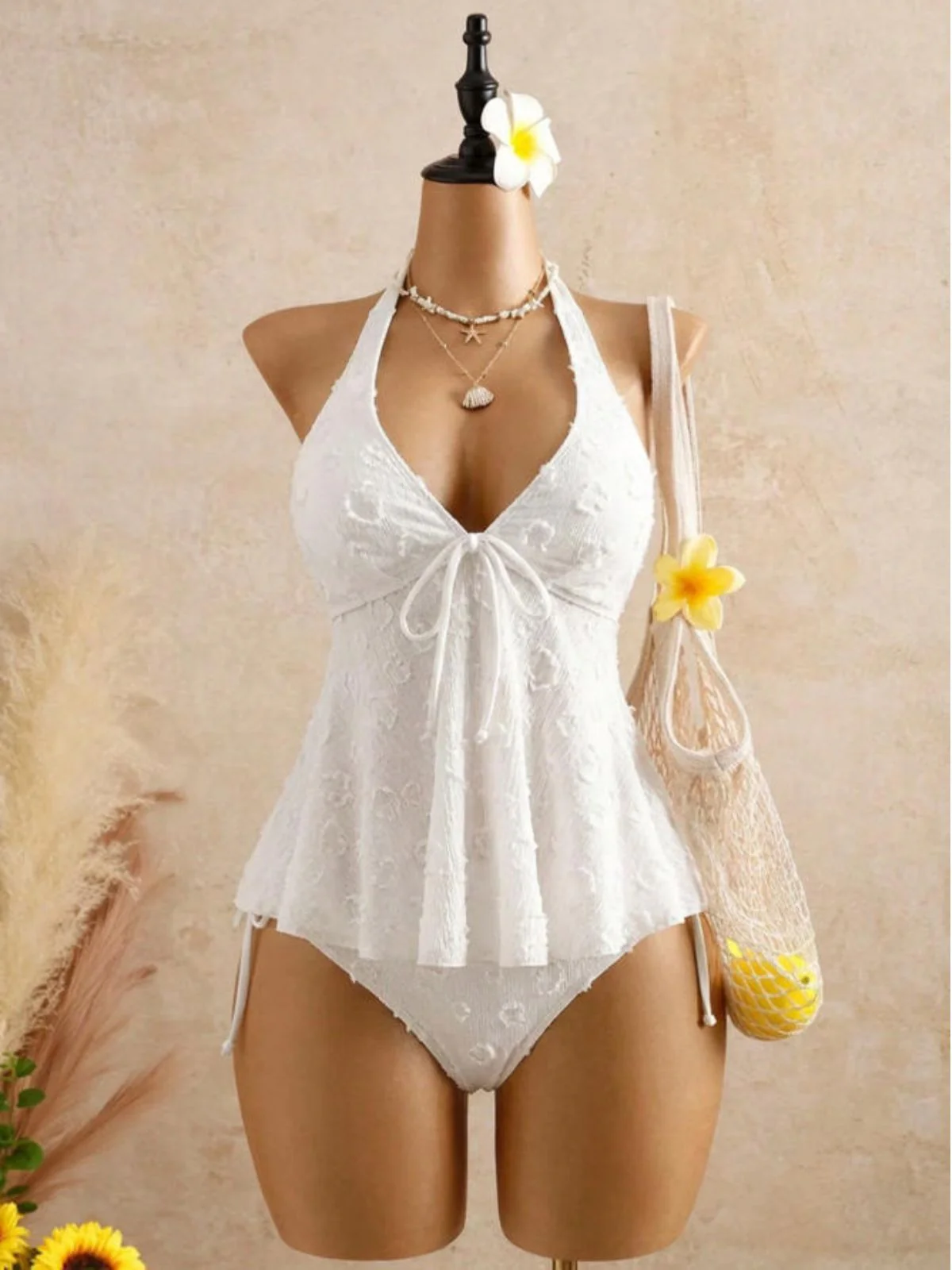 1950s Halter Textured Floral Deep V Tankini Set - Image 7