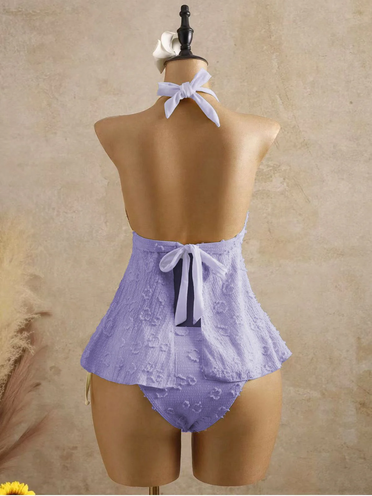 1950s Halter Textured Floral Deep V Tankini Set - Image 16