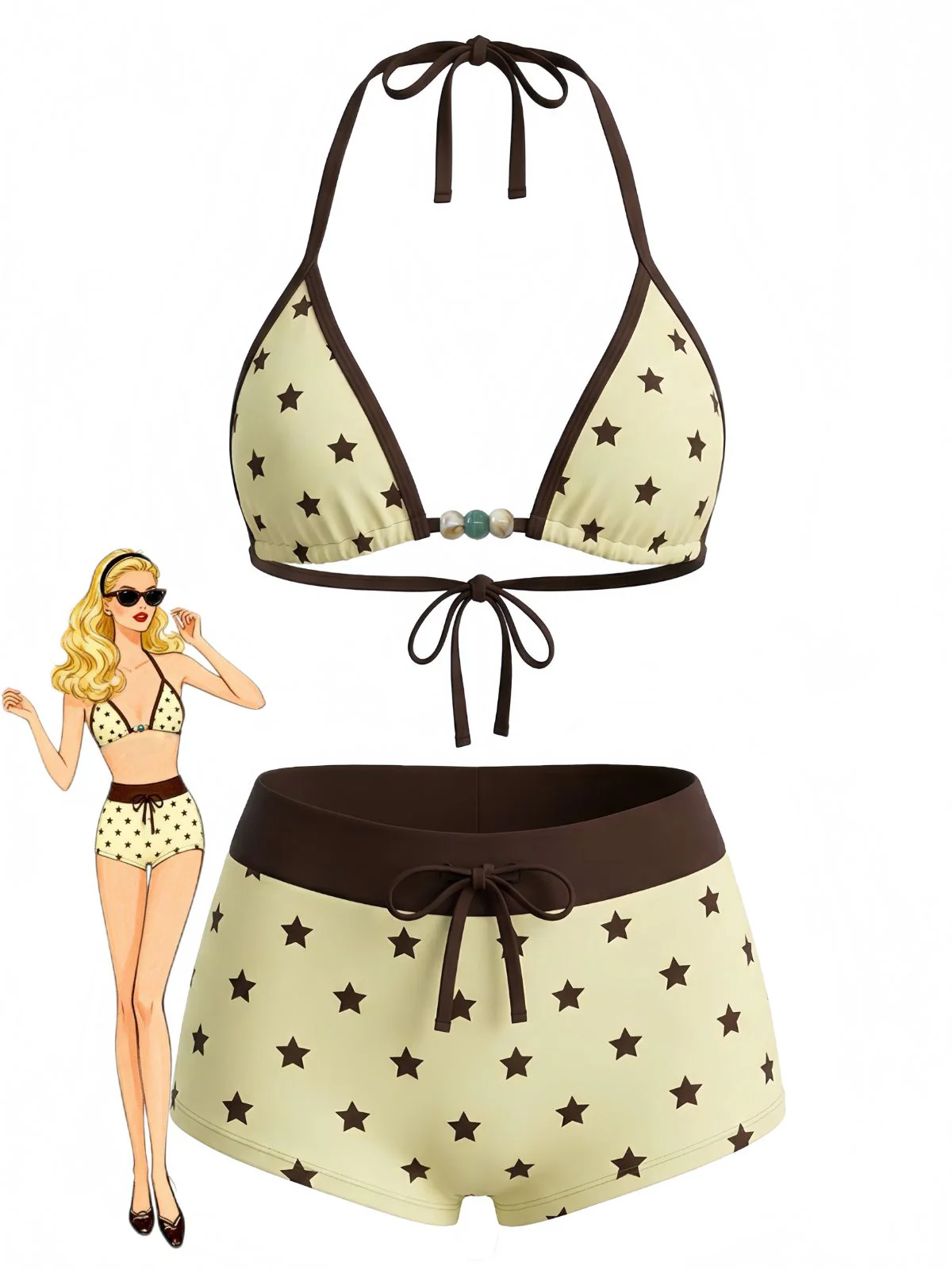 1950s Tie Halter Beaded Star Print Swimwear Set
