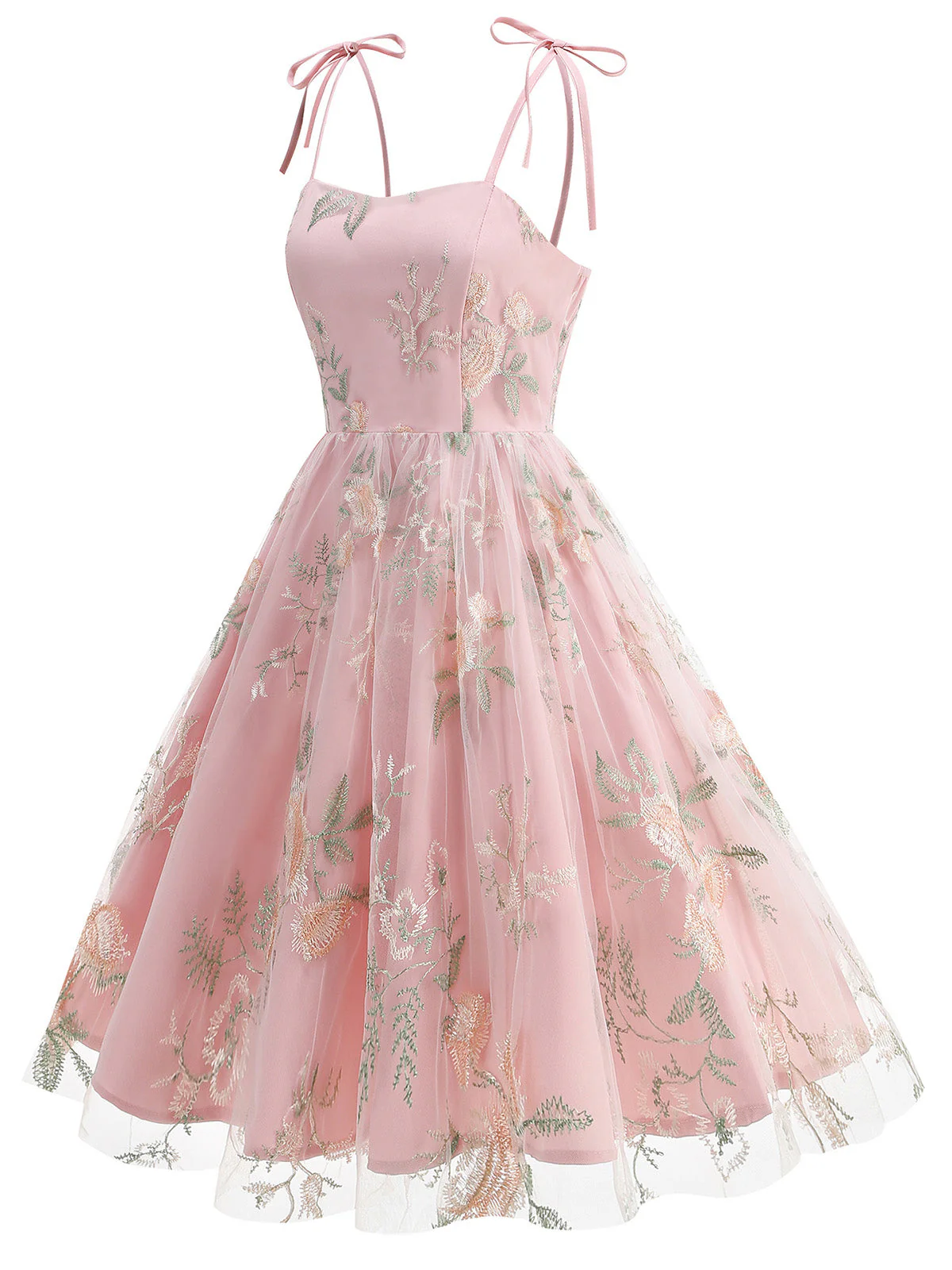 1950s Tie-Strap Floral Embroidered Tulle Dress - Image 2