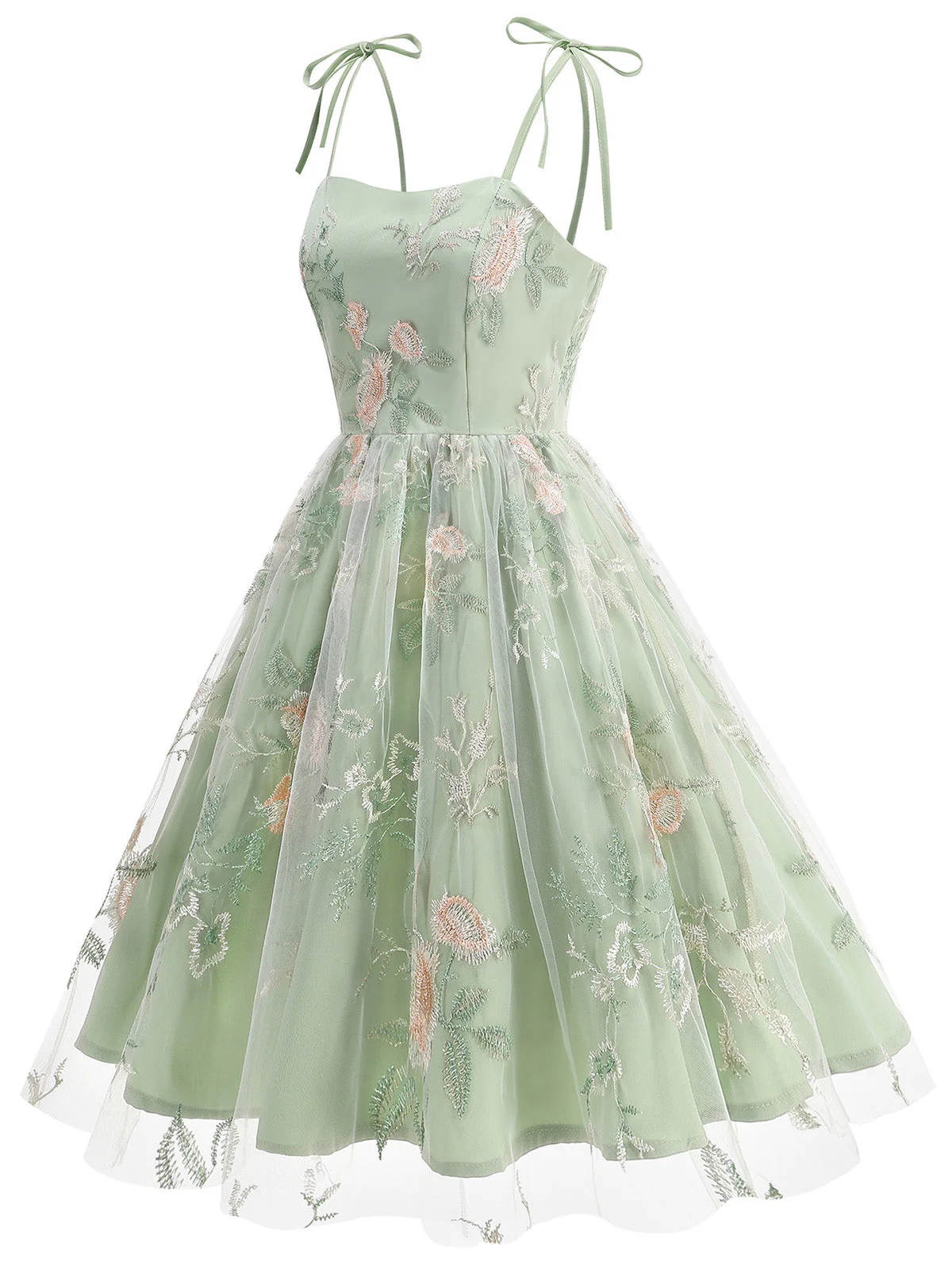 1950s Tie-Strap Floral Embroidered Tulle Dress - Image 20