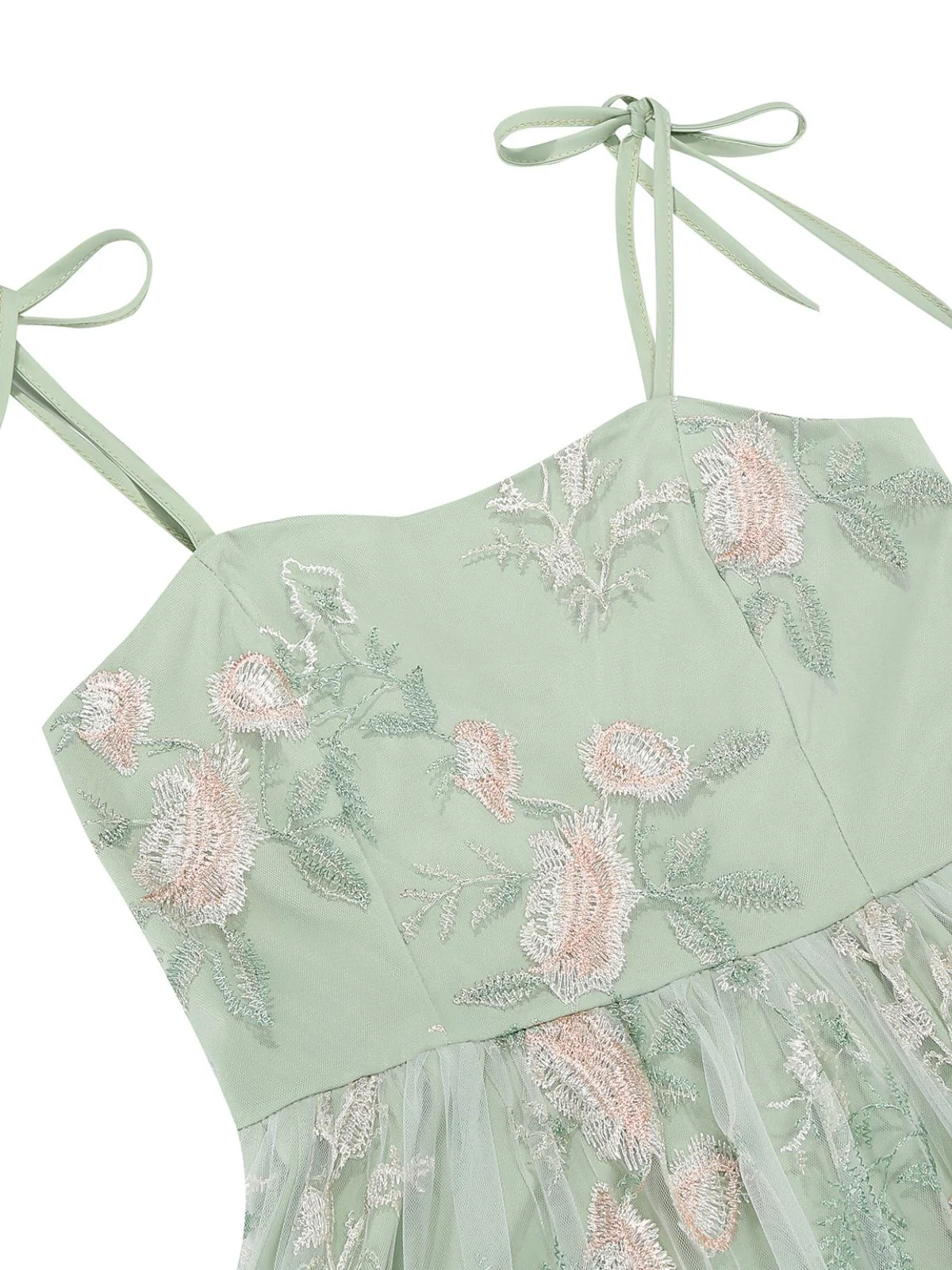 1950s Tie-Strap Floral Embroidered Tulle Dress - Image 21