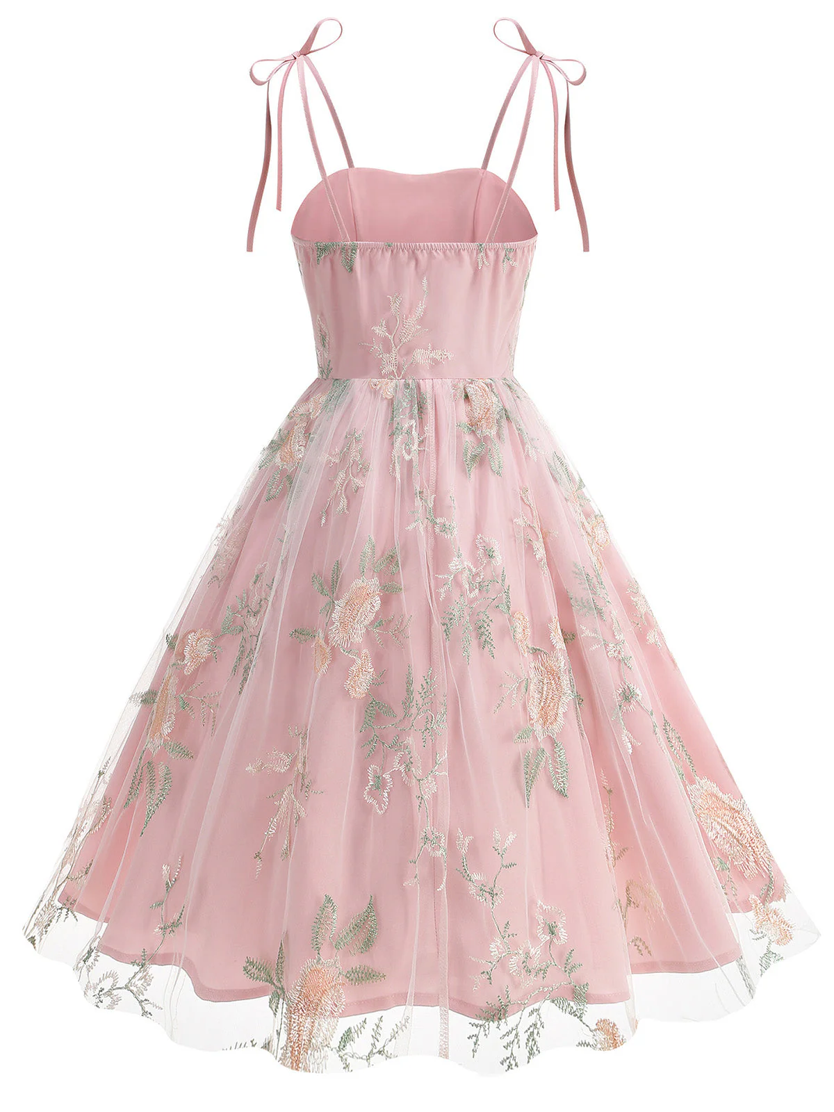 1950s Tie-Strap Floral Embroidered Tulle Dress - Image 3