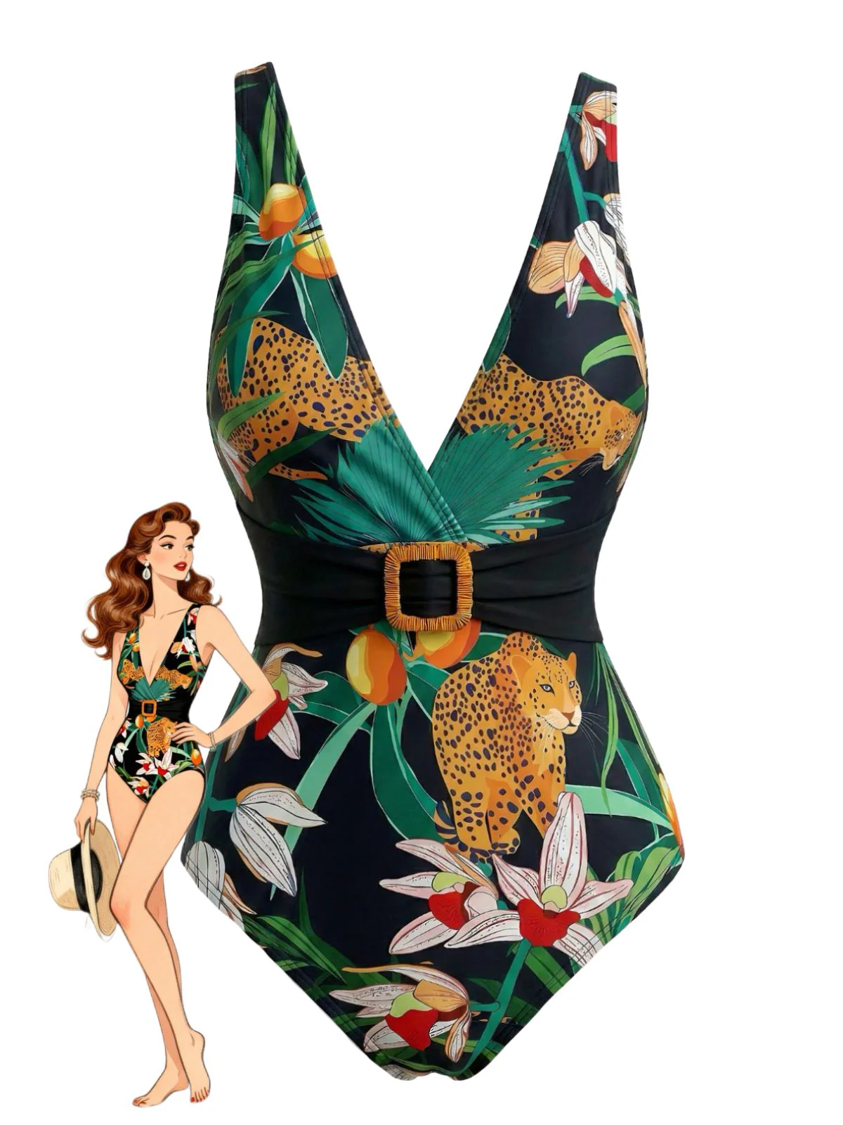 1950s Tropical Leopard Buckle V-Neck One Piece Swimsuit