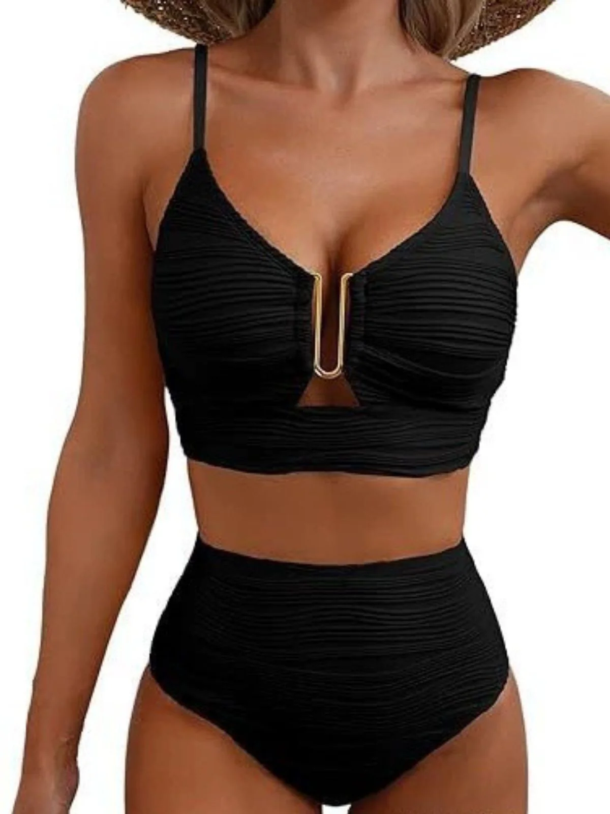 1950s U-Shaped Metal Solid High Waist Tankini Set - Image 5